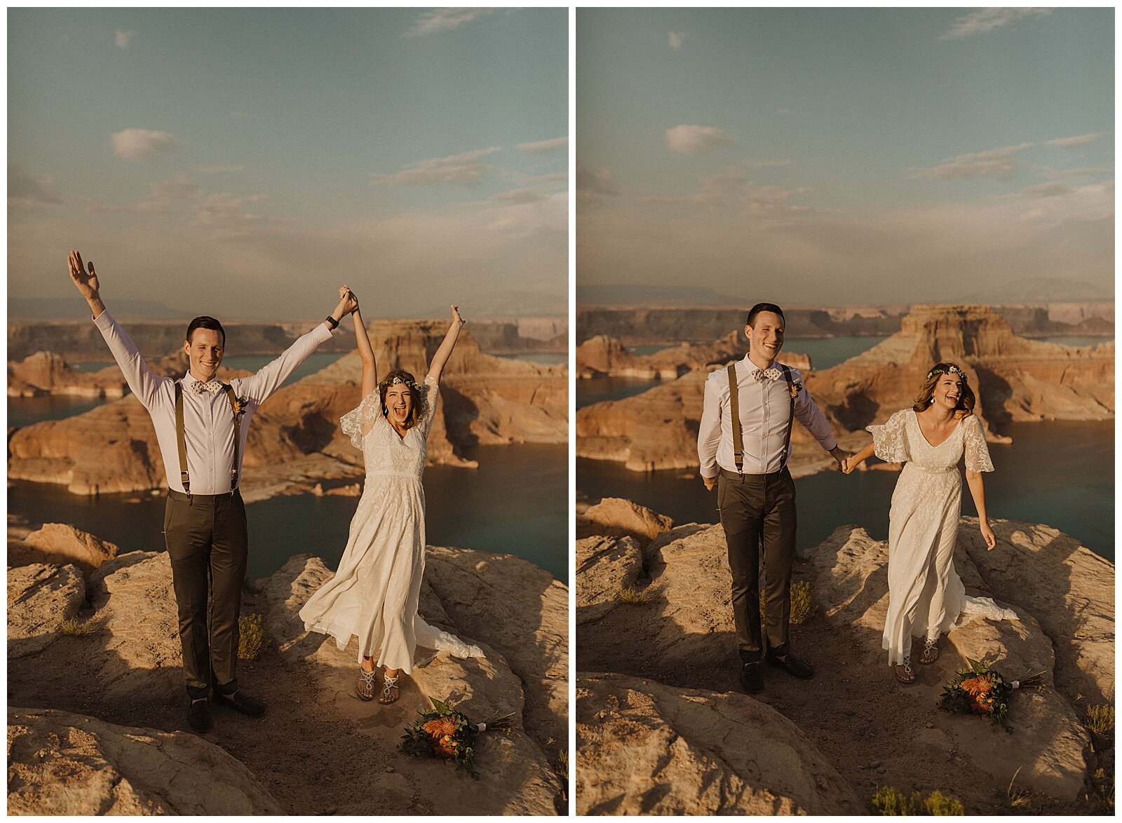 bride and groom first look at Lake Powell elopement