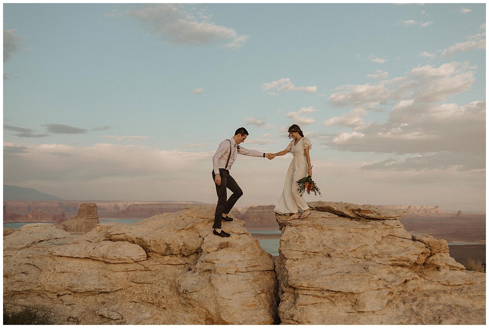 bride and groom first look at Lake Powell elopement