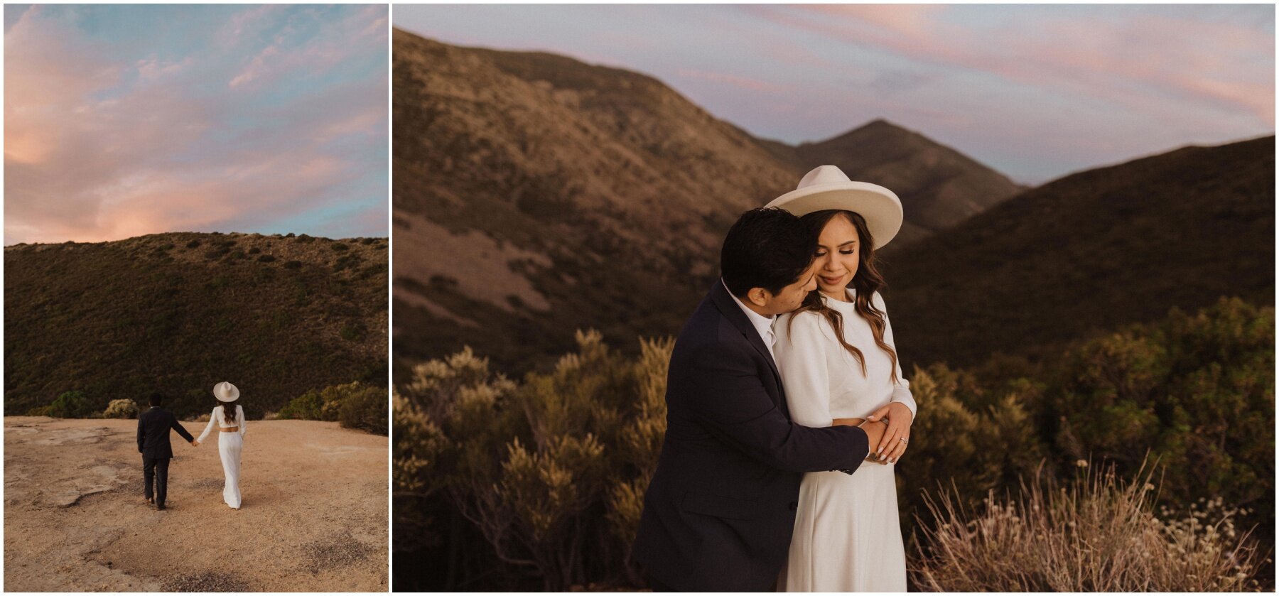 couple taking engagement photos at sunset in the california mountains