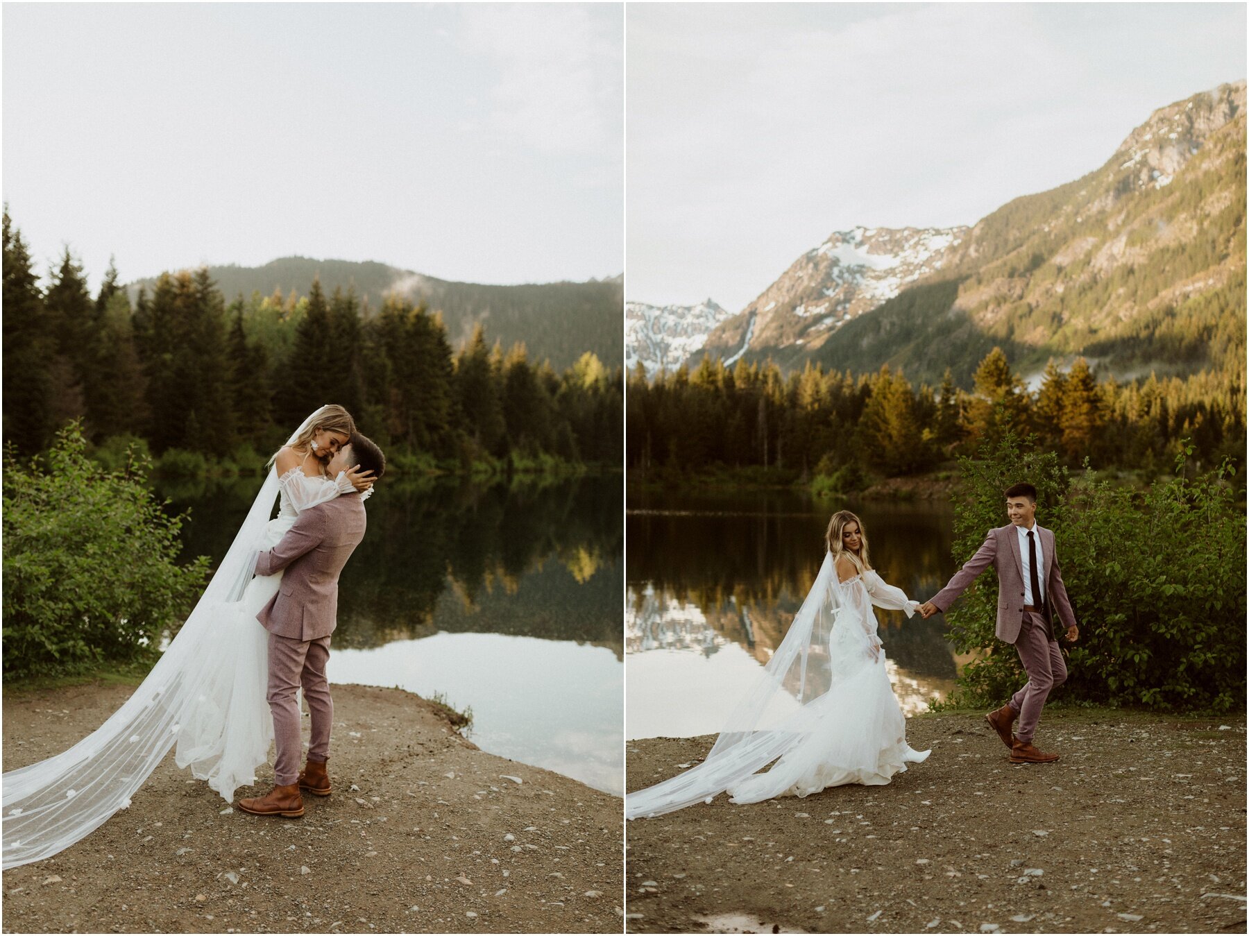 bride and groom portraits at a lake in seattle
