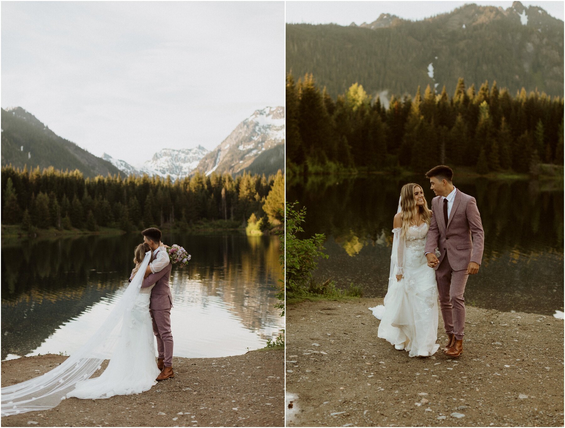 bride and groom portraits at a lake in seattle, groom wearing a mauve suit