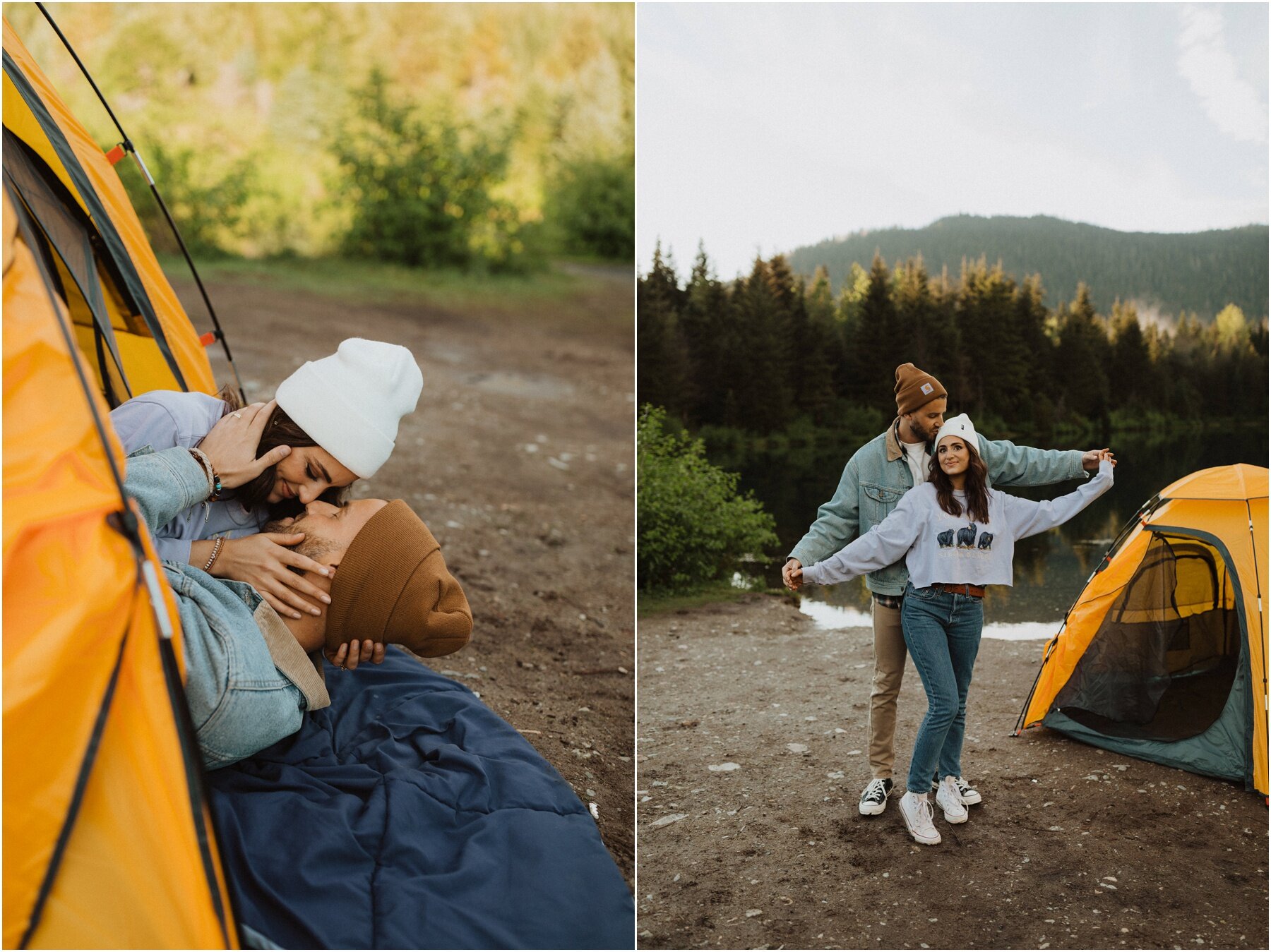 married couple taking photos during their camping couples session in washington
