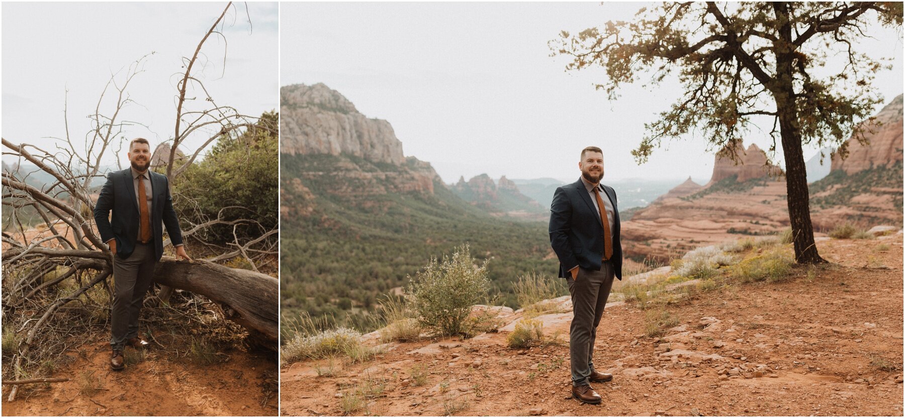 groom posing for portraits at merry go round rock in sedona