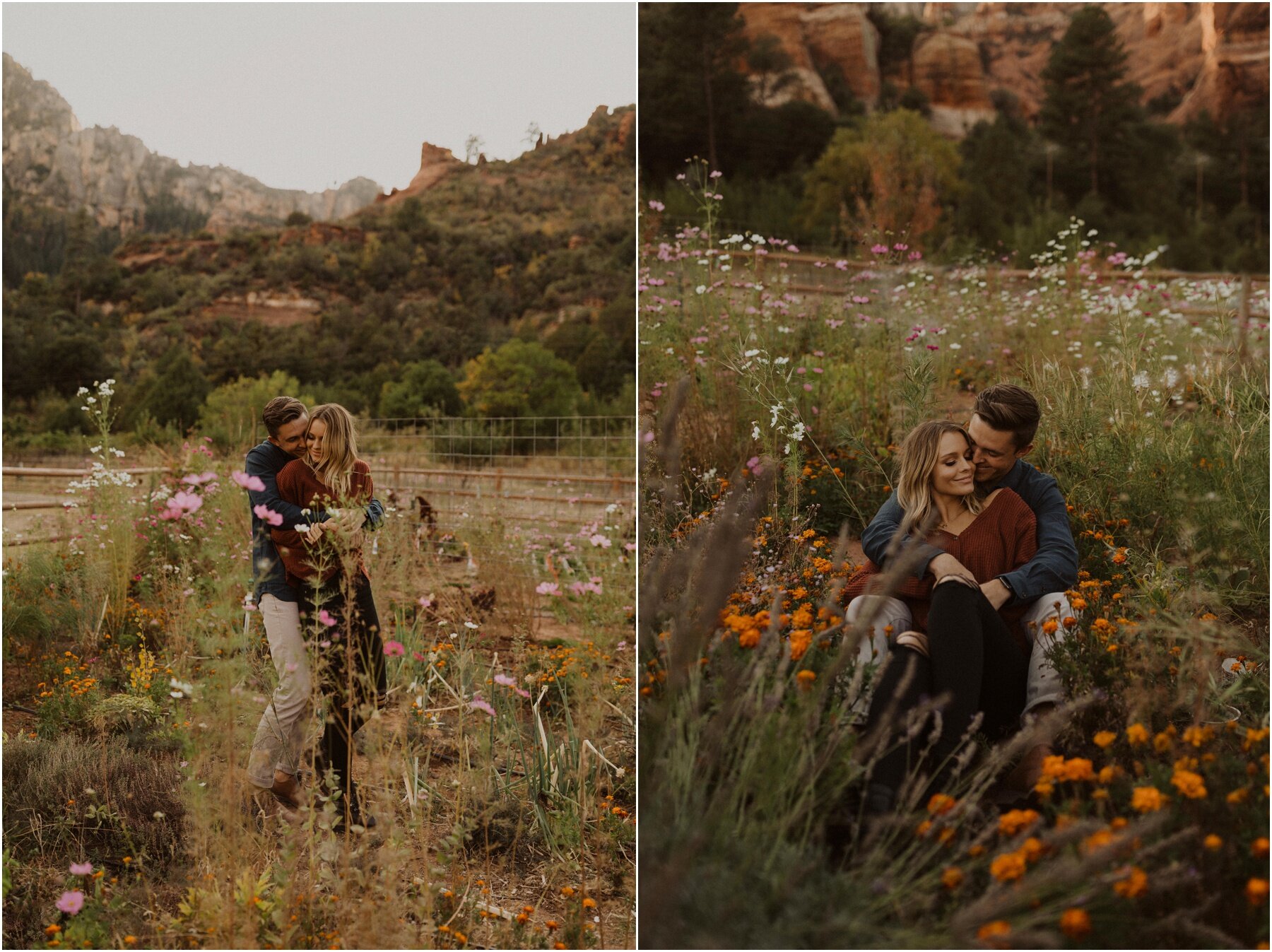 couple session among wildflowers in sedona arizona