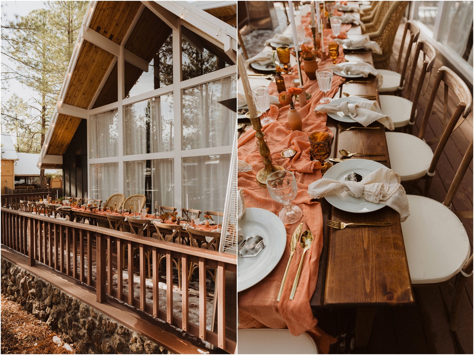 intimate family style dinner table for cabin elopement in Pinetop