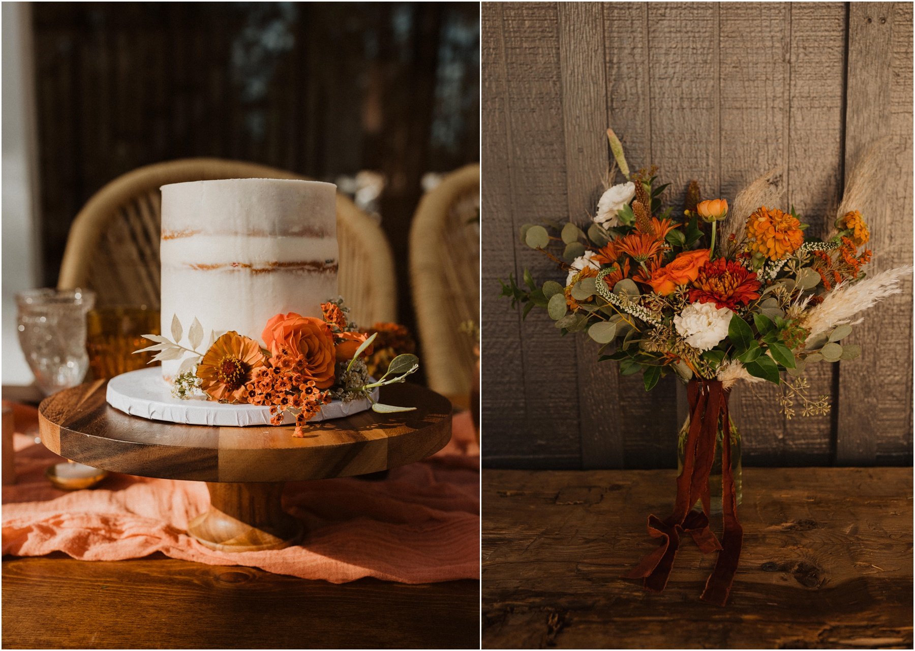 one tier wedding cake with white frosting and orange flowers, next to orange boho bridal bouquet