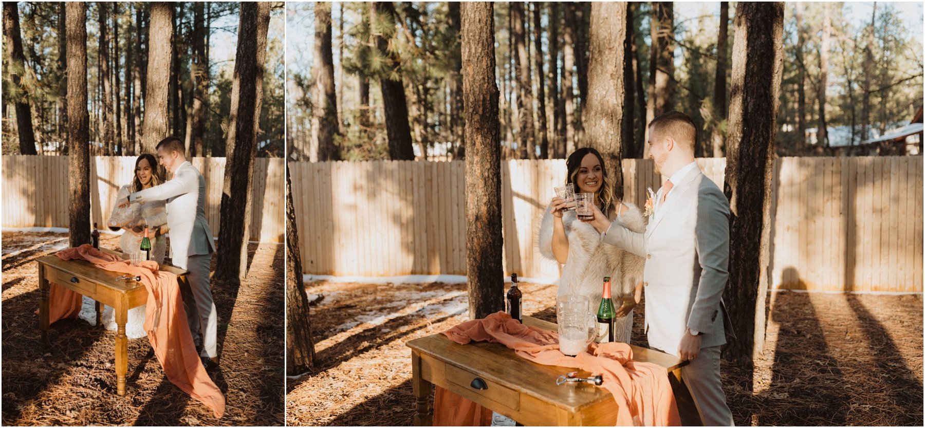 bride and groom sharing vows at the ceremony altar for their snowy cabin elopement