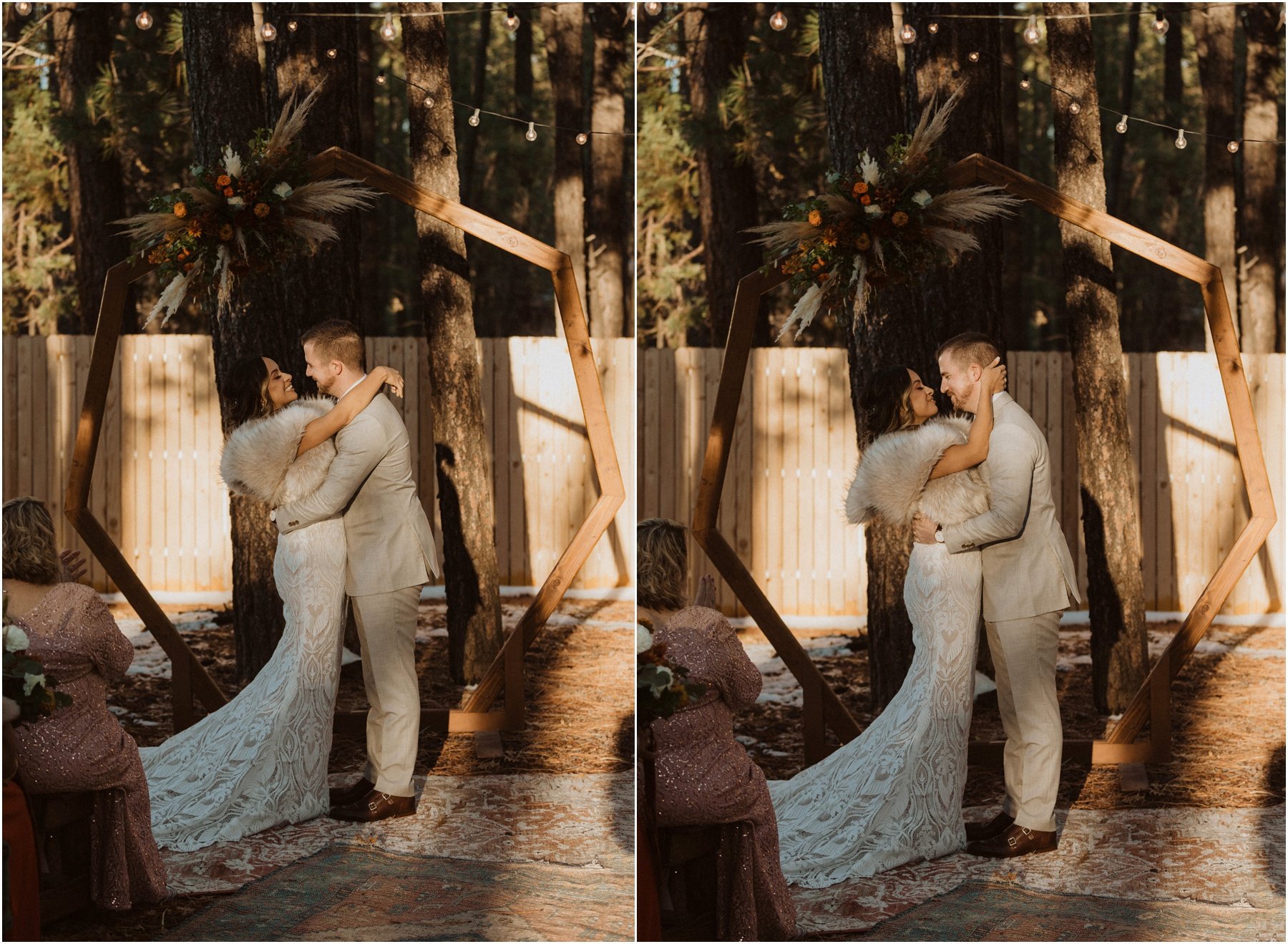 bride and groom sharing vows at the ceremony altar for their snowy cabin elopement