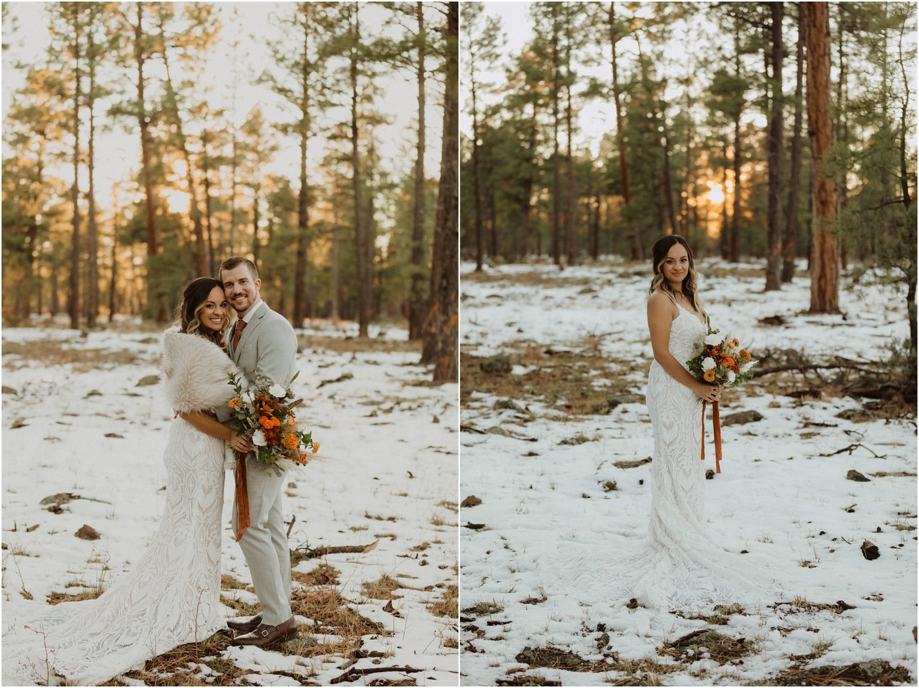 bride and groom portraits in the snow after their cabin elopement in Pinetop, Arizona