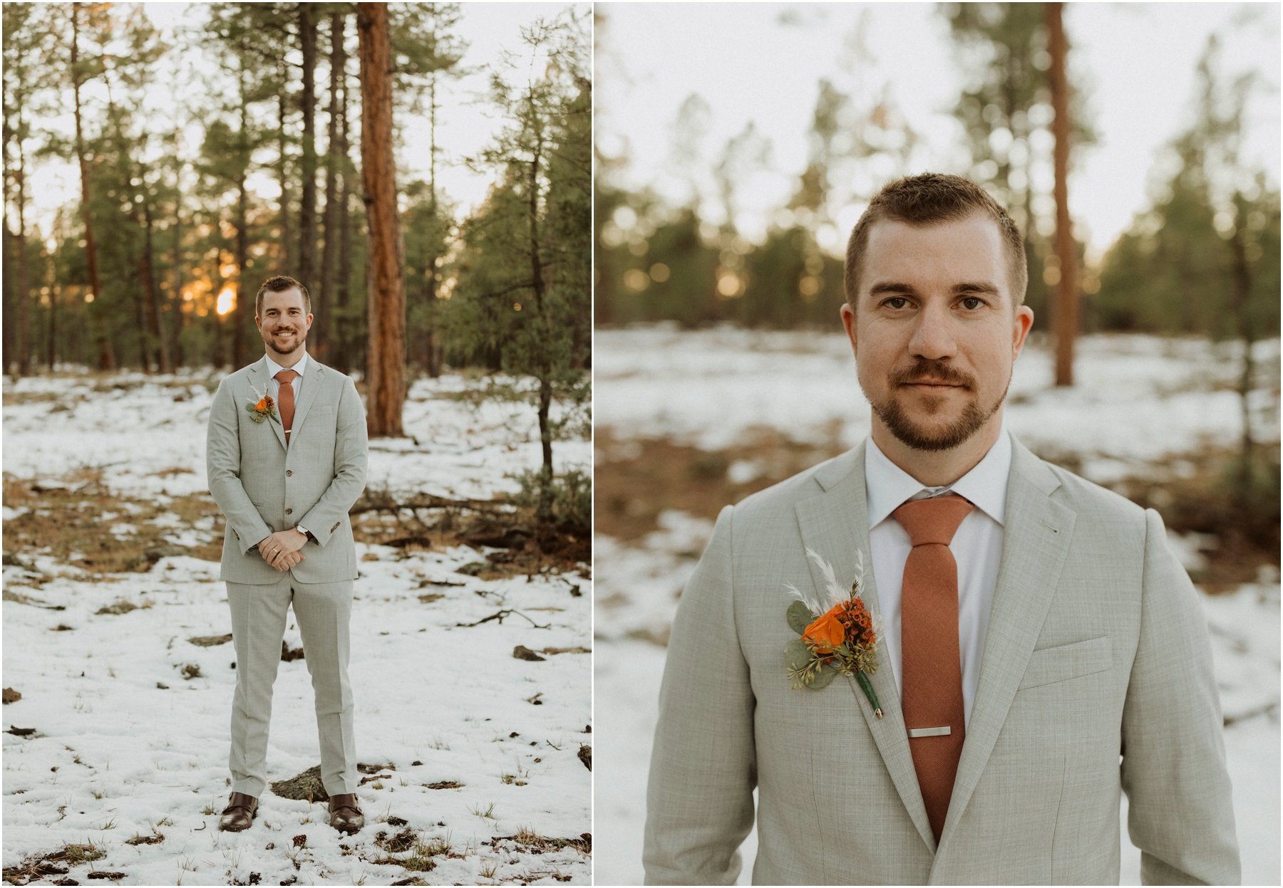 bride and groom portraits in the snow after their cabin elopement in Pinetop, Arizona