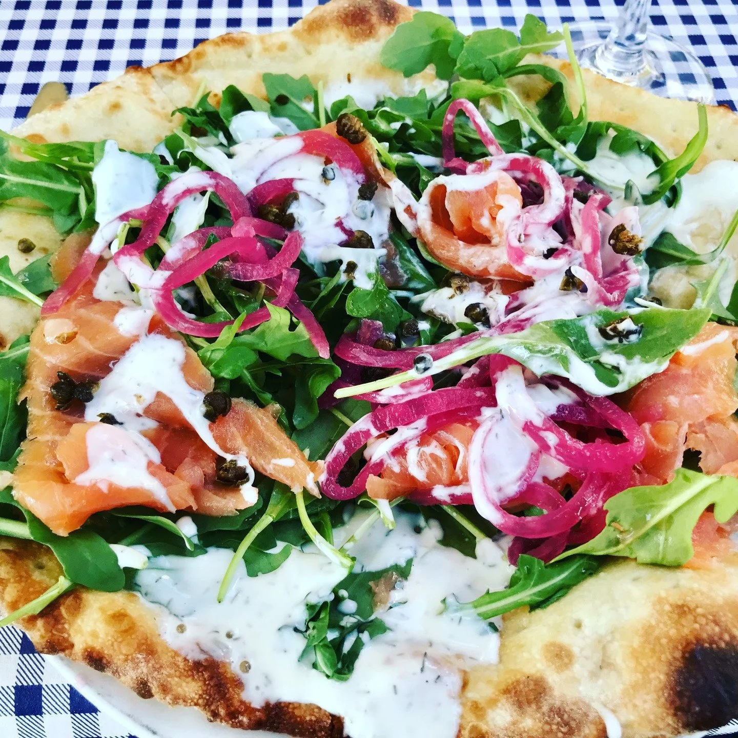Smoked Salmon with Arugula, Creme Fraiche and Pickled Red Onion