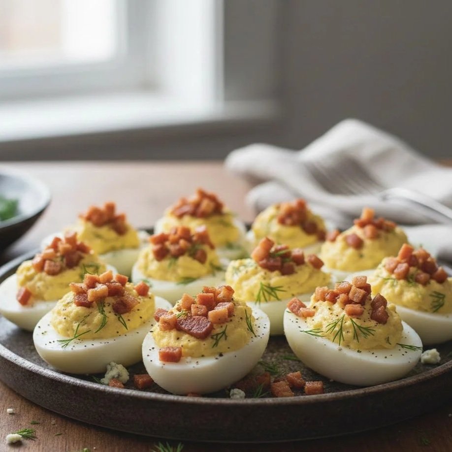 Blue Deviled Eggs with Crispy Pancetta