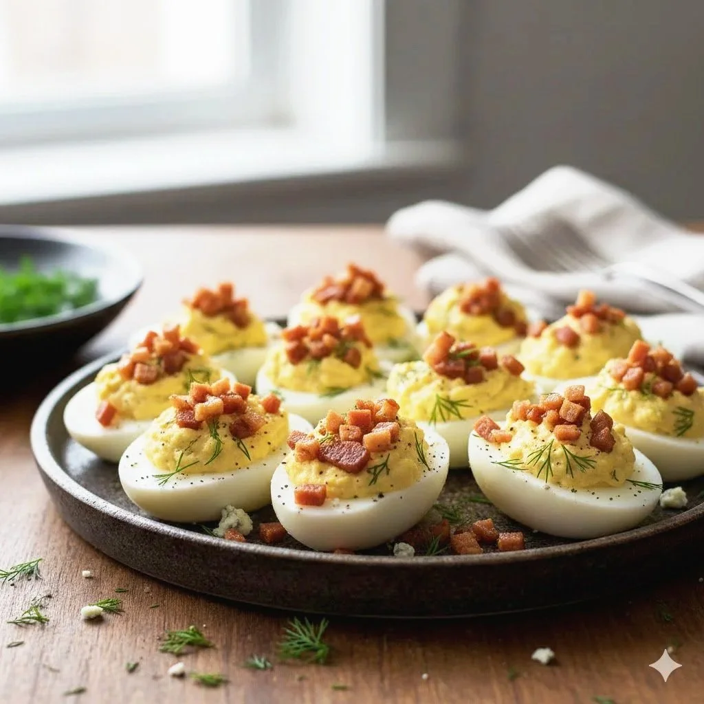 Blue Deviled Eggs with Crispy Pancetta
