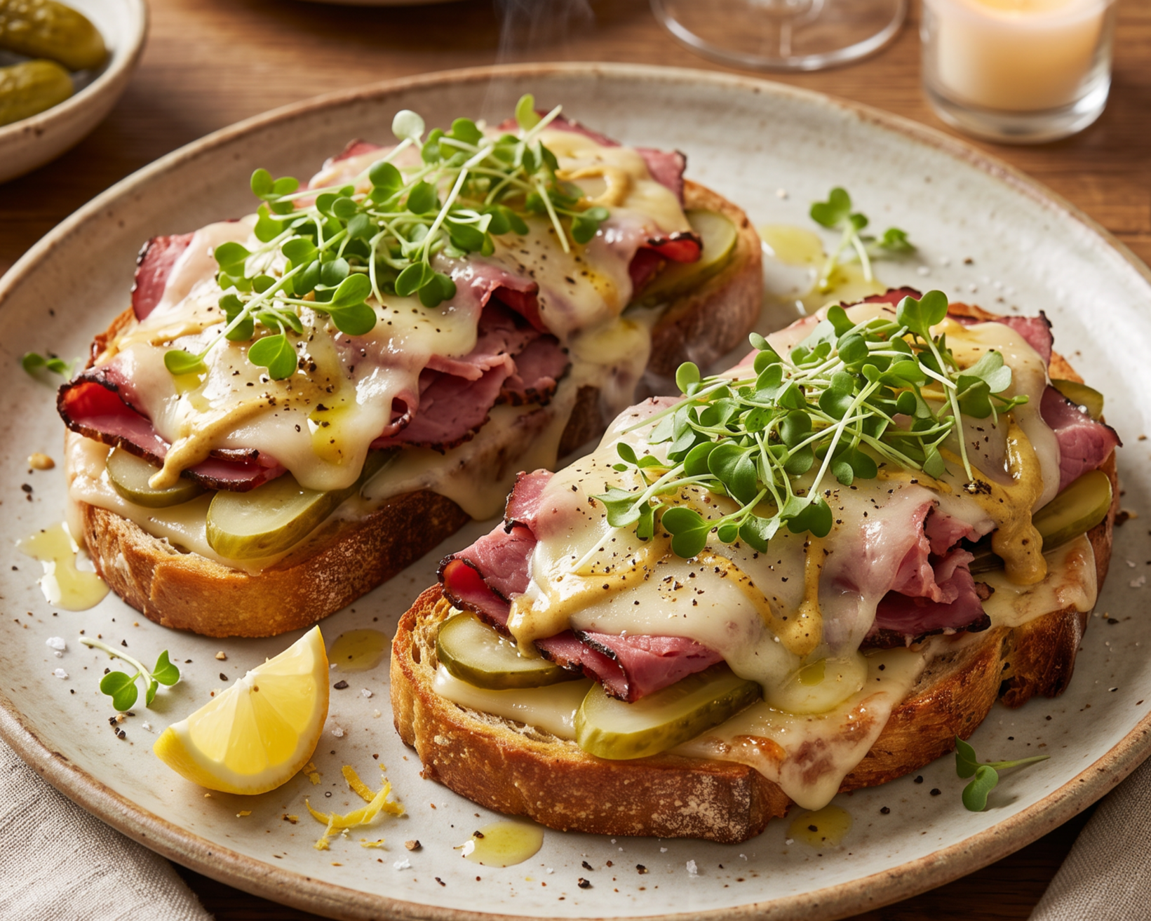 Hot Pastrami &amp; Swiss Melt with Pickles Toast