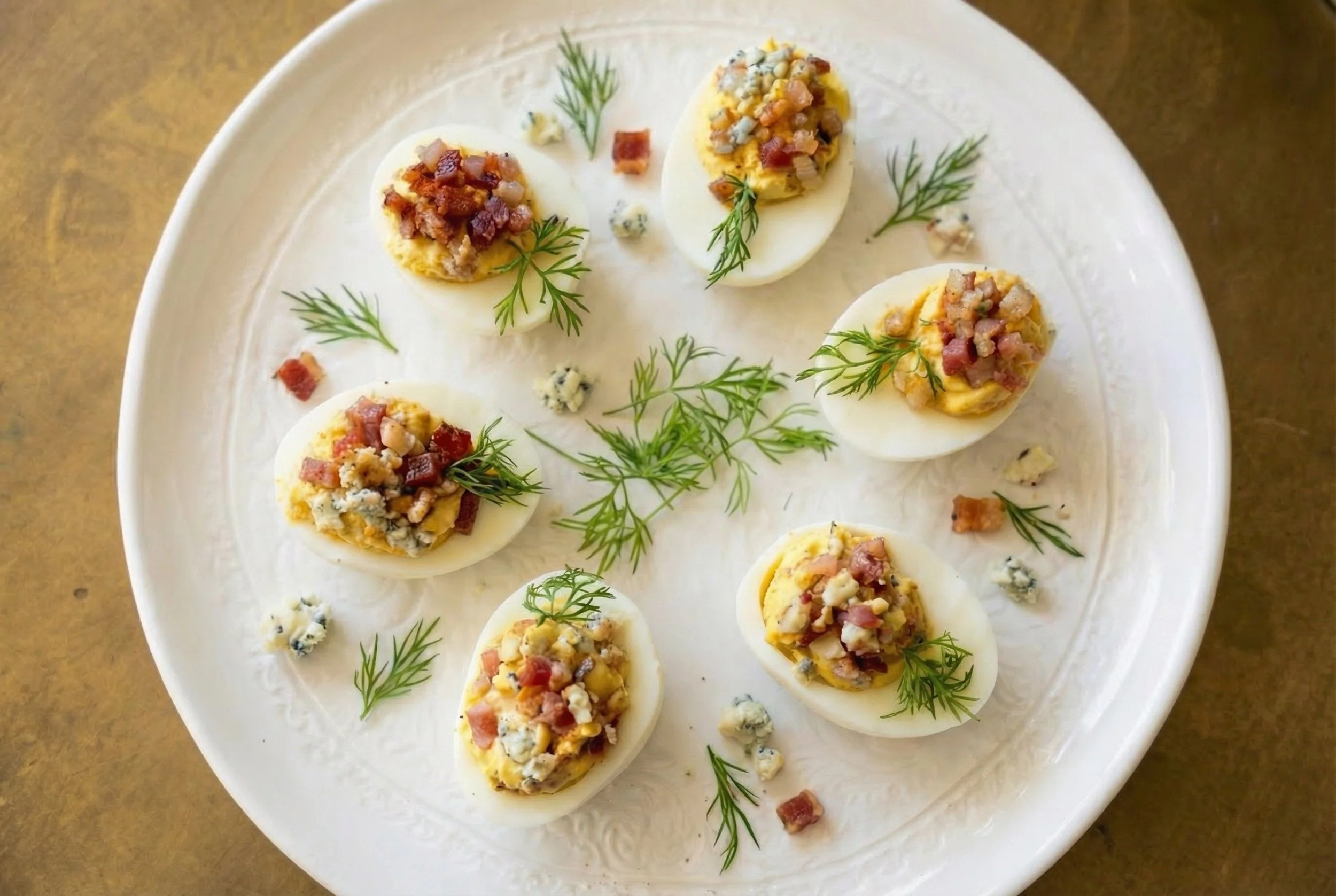 Blue Deviled Eggs with Crispy Pancetta