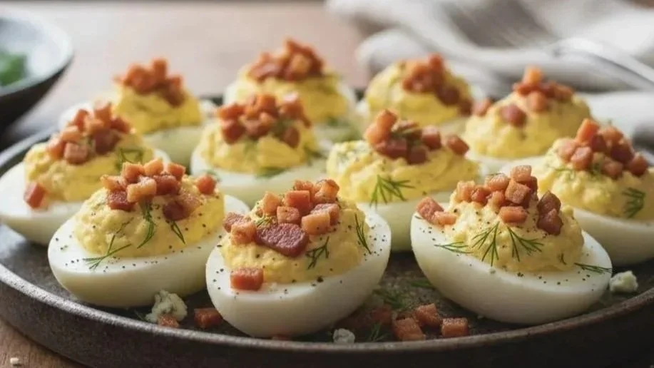Blue Deviled Eggs with Crispy Pancetta