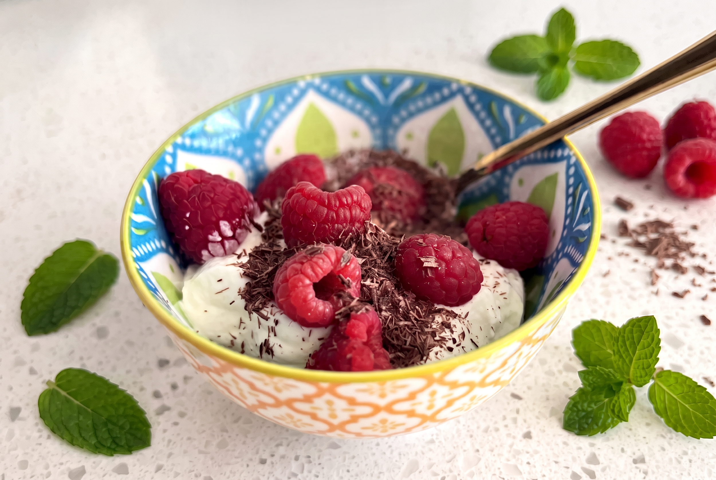 Fresh Fruit Topped Yogurt with Shaved Cocoa