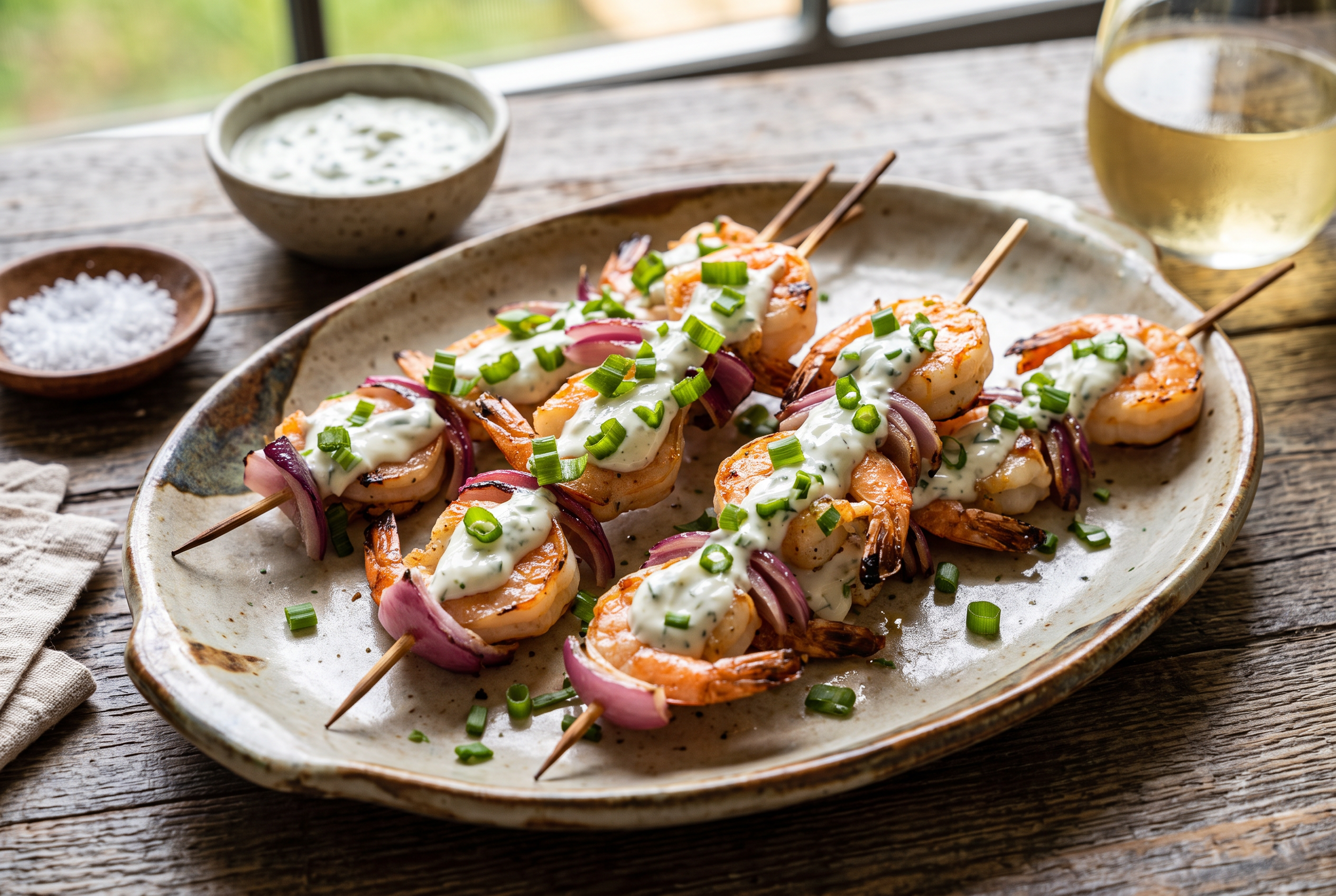Grilled Skewered Shrimp with Creamy Lime Sauce