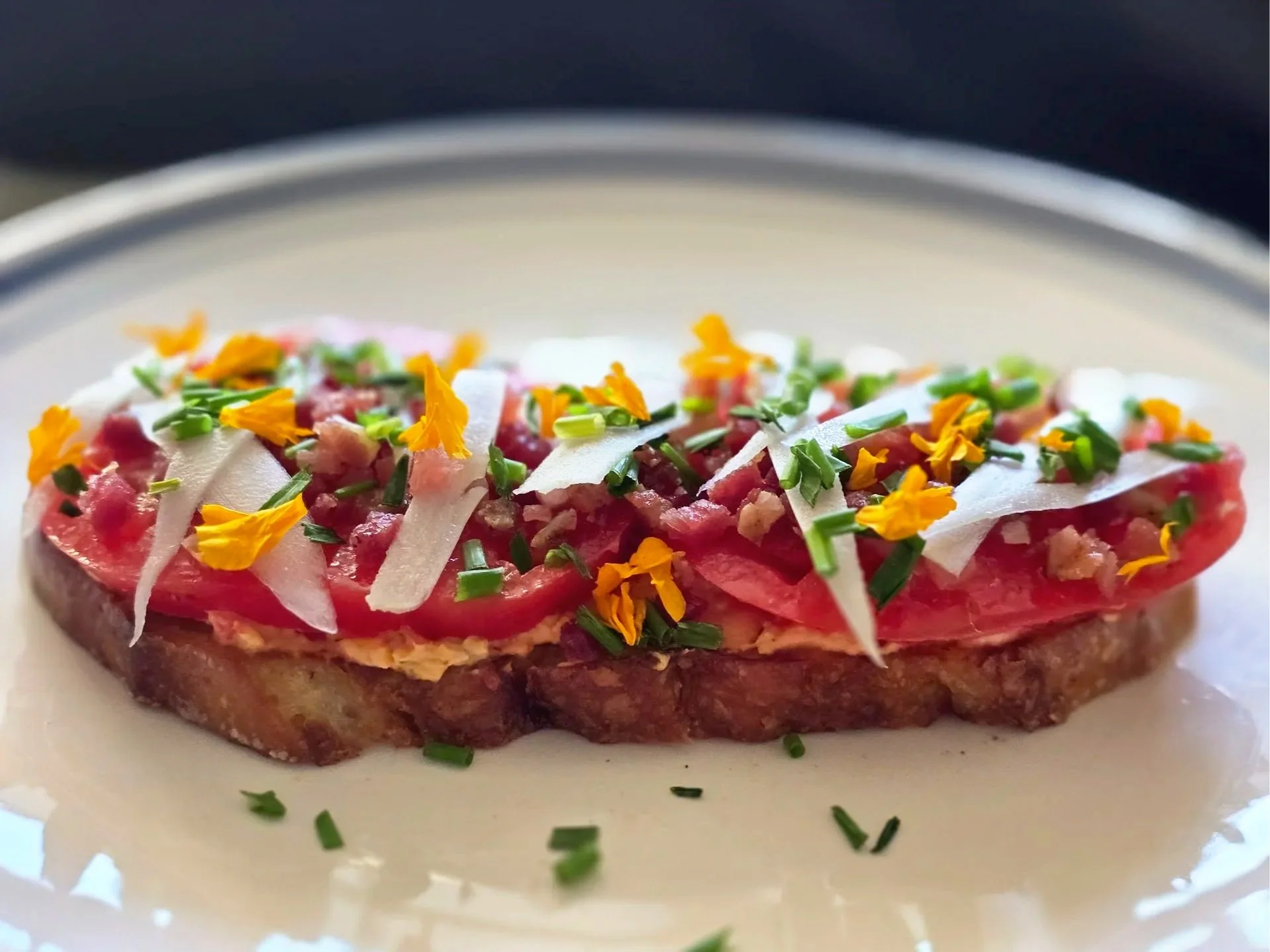 Roasted Red Pepper Cheese &amp; Heirloom Tomato Toast