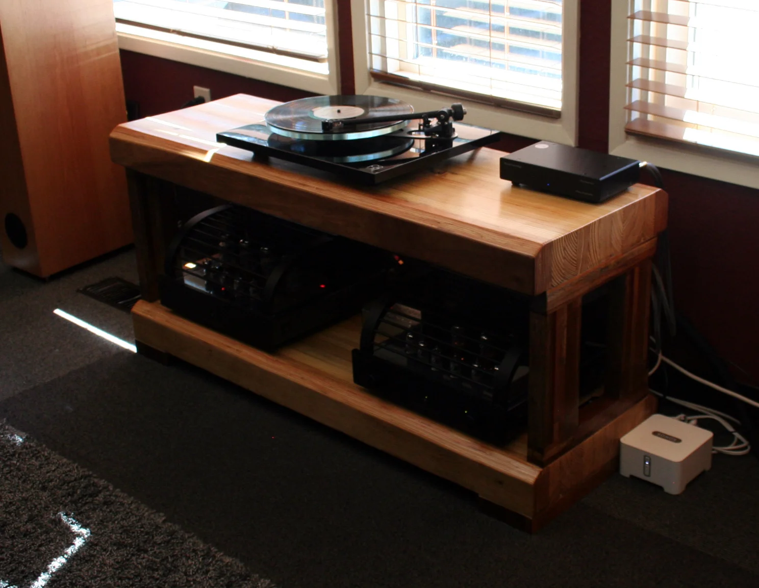 Glue laminated beam cut in half with mahogany sides and feet. SOLD.