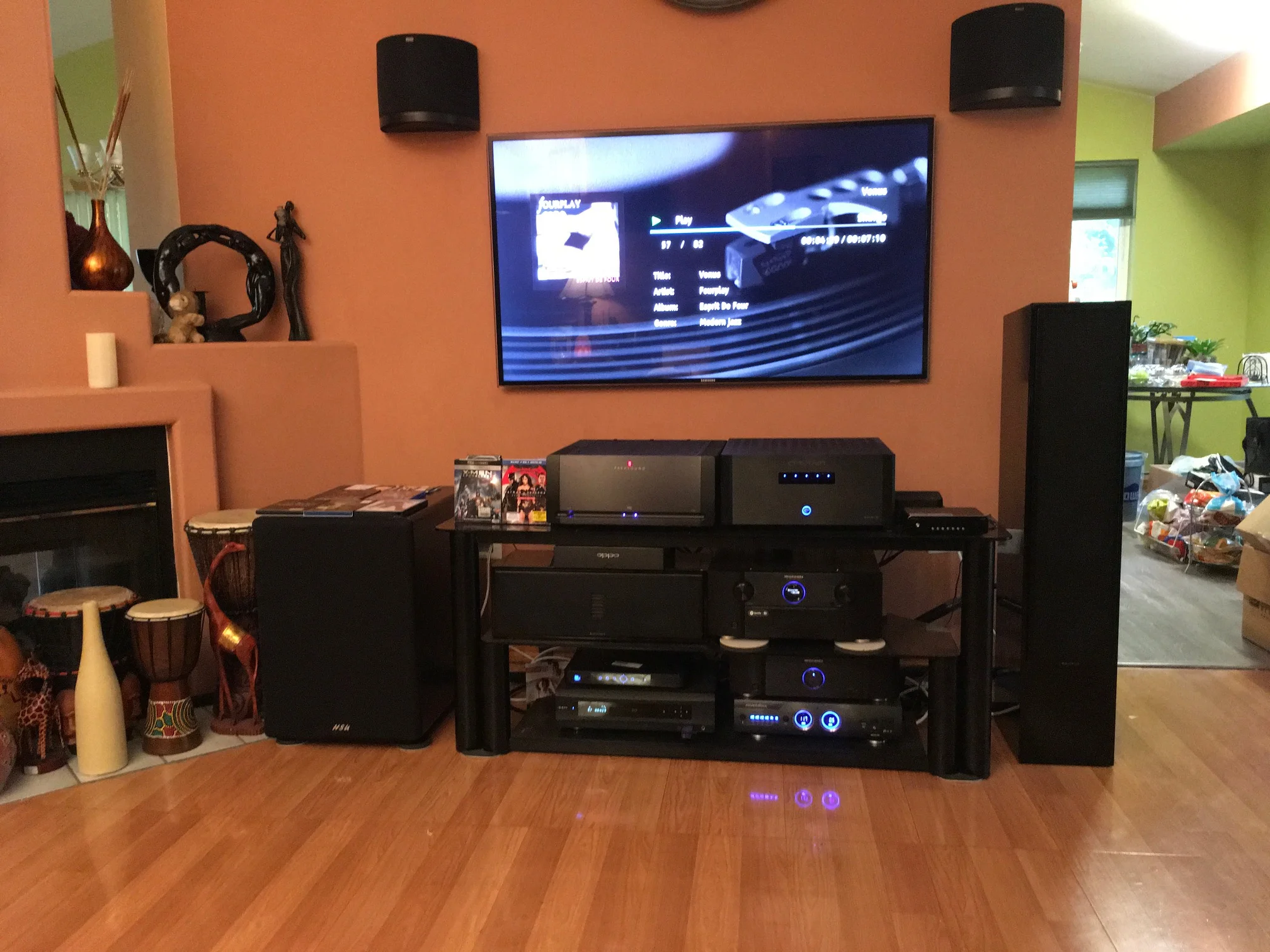 Ed H System : Marantz av8802 f Preamp, Parasound a21, Emotiva XPA-5, Marantz two channel amp, Oppo BDP 105, Panamax power distributor, Shunyata Research Vernon Power distributor, Shunyata Research Zitron Alpha HC Power cords (2) Shunyata Reseach Zitron Anaconda speaker cables, Shunyata Venom HC Power cables(3), Shunyata Research Venom 3 Power cables(3), Shunyata Research Zitron Python interconnects, Klipsch Surround speakers (Front and back) Martin Logan ceiling speakers, Audioquest in wall and ceiling 11 gauge speaker speaker cables for surrounds and in ceiling speakers. Wireworld Silver Electra Power cables (2).