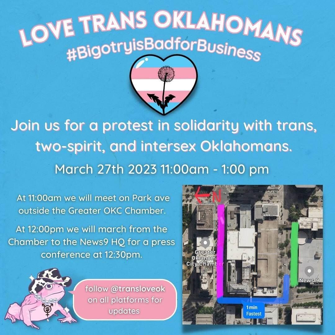 This is tomorrow 
If you&rsquo;re in the OKC area go show solidarity with these communities and protest the discriminatory policies proposed and enacted by the OK government
