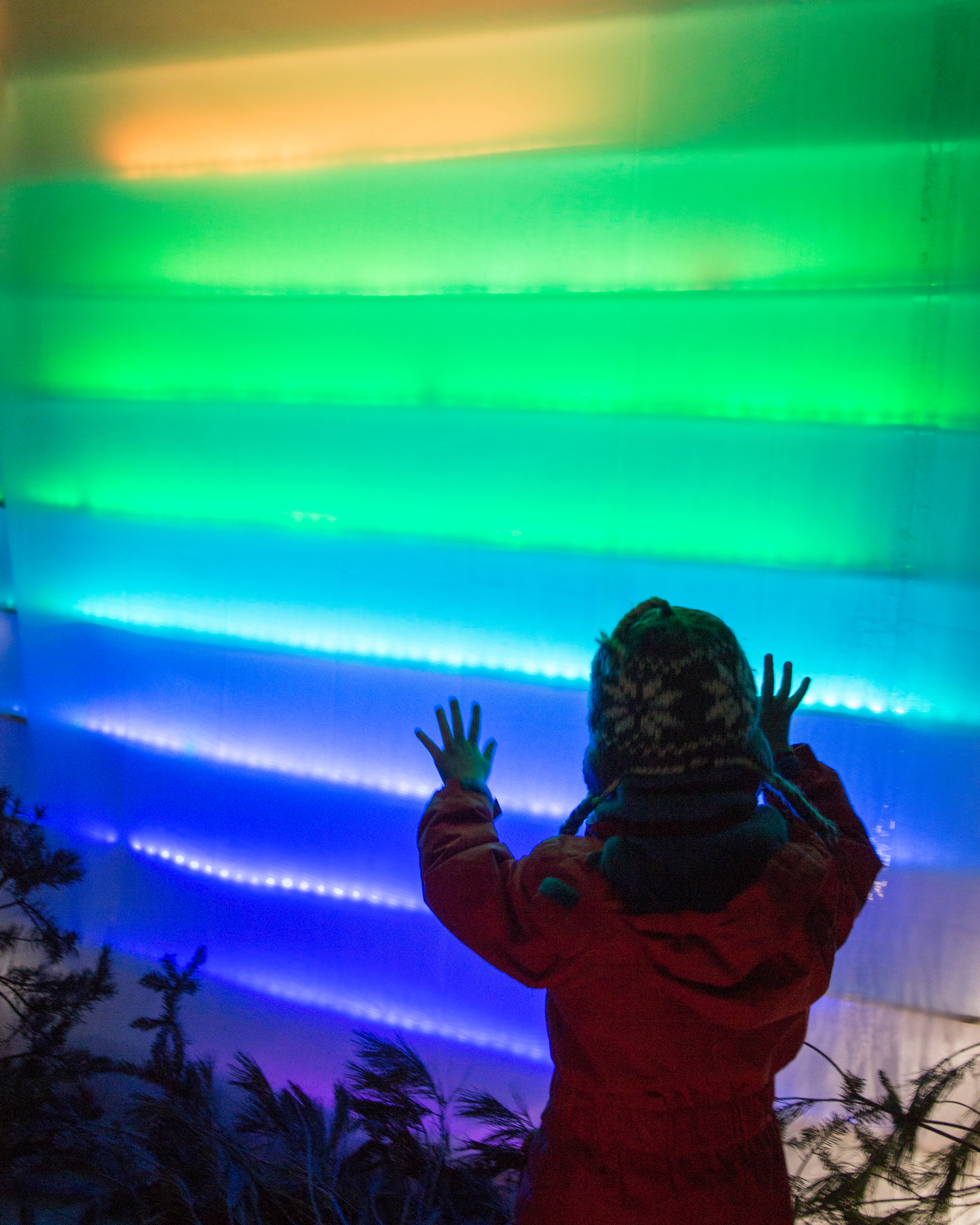 Interact with Northern Lights at the Aurora Shanty! This solar-powered shanty adds much color to the white world of White Bear Lake