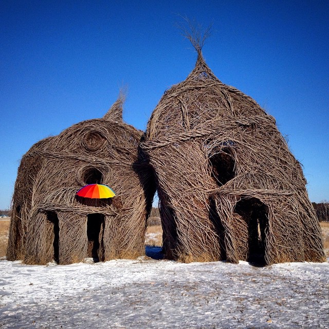 Lean on Me – the Traveling Umbrella posing in an iconic Minnesota landmark