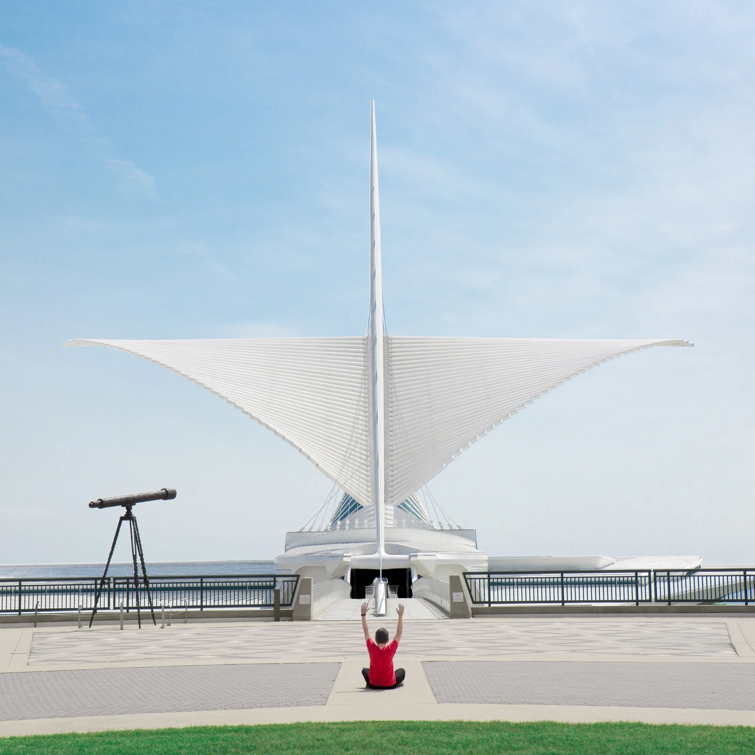 Milwaukee Art Museum with “A Greater Perspective” by Elmsgreen/Dragset on the left. The museum was holding a yoga class indoors so we did a little of our own outdoors.