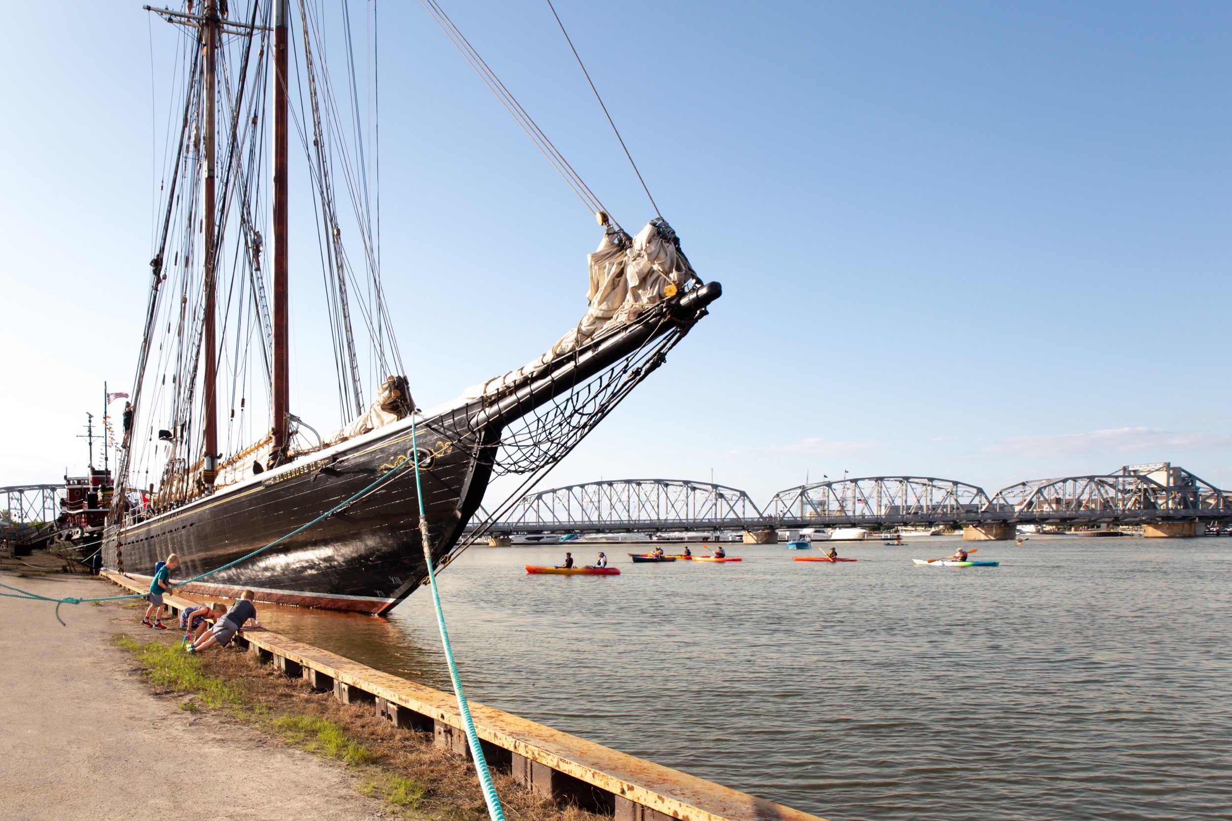 Tall Ships, rope climbers, kids and kayaks outside the Maritime Museum in Sturgeon Bay