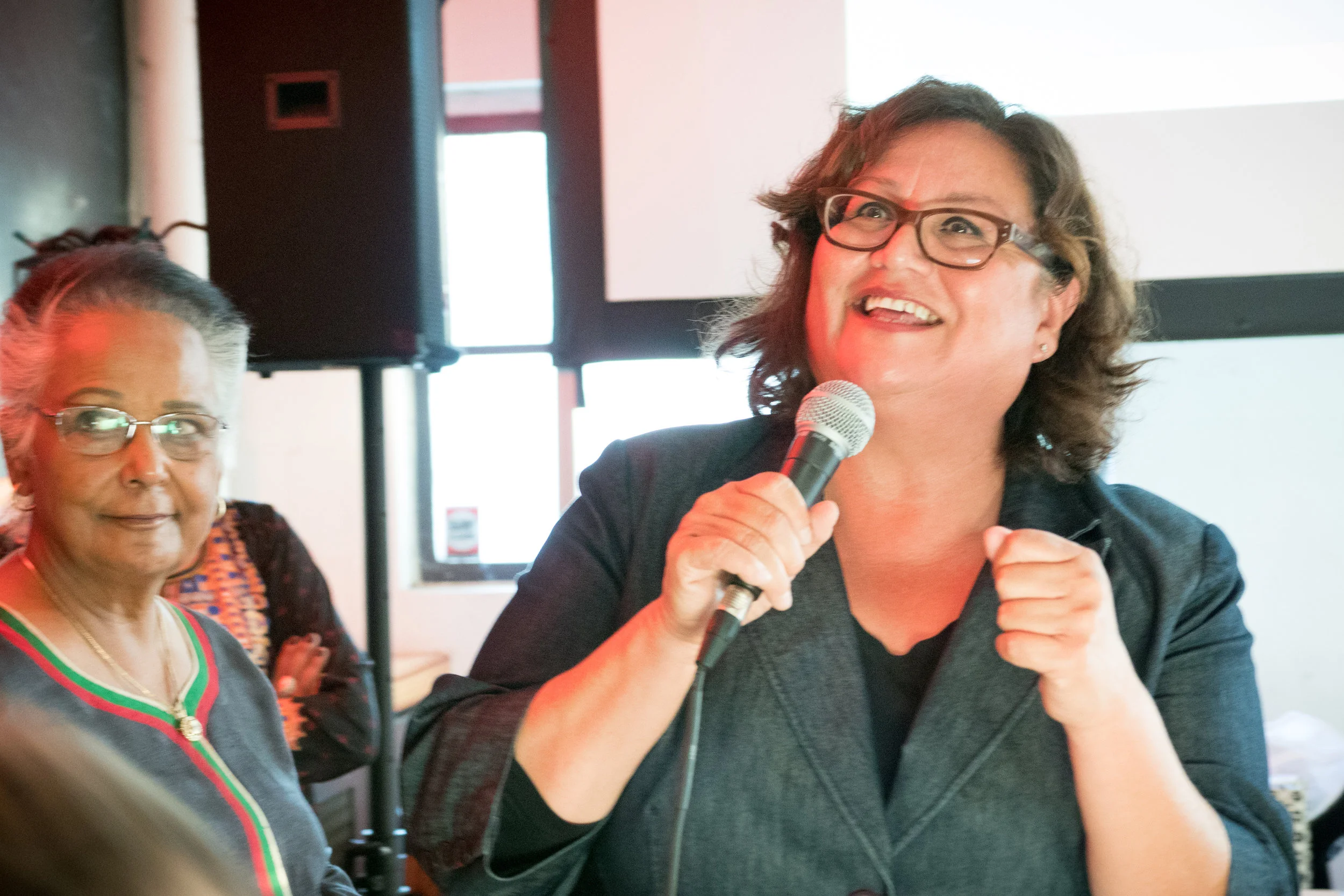 From Left: SB Coalition for Freedom Steering Committee member Deepa Willingham and SB Mayor Cathy Murrillo at the Kickball Tournament afterparty
