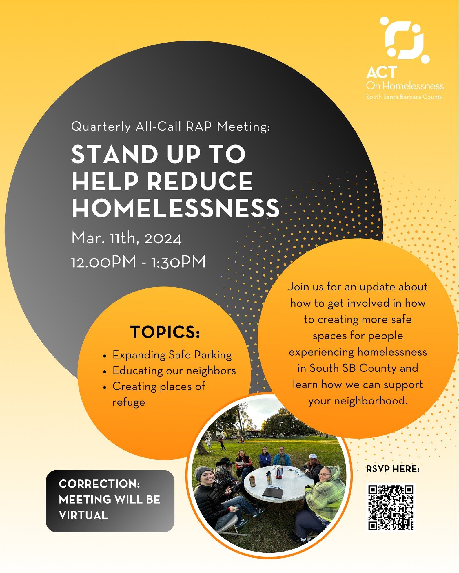 CORRECTION: The meeting will be virtual on Zoom! RSVP to our next Quarterly All-Call Meeting with the link in our bio or the QR Code! Are you wondering how YOU can take action to reduce homelessness in our community? The fight to reduce homelessness 