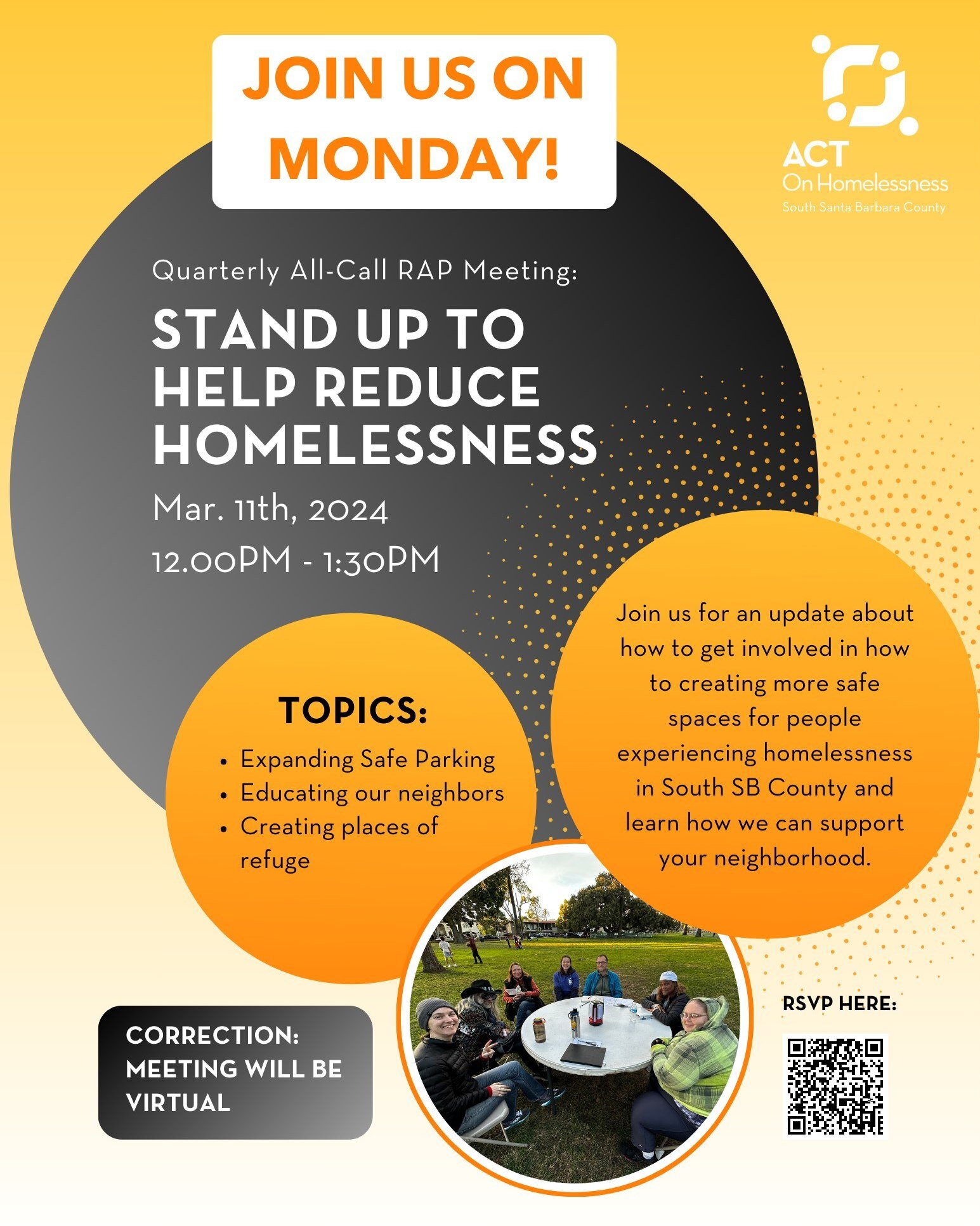 JOIN US ON MONDAY: The next Quarterly All-Call Meeting is this Monday! This meeting will be virtual on Zoom. Please register with the link in our bio or with the QR Code! Are you wondering how YOU can take action to reduce homelessness in our communi