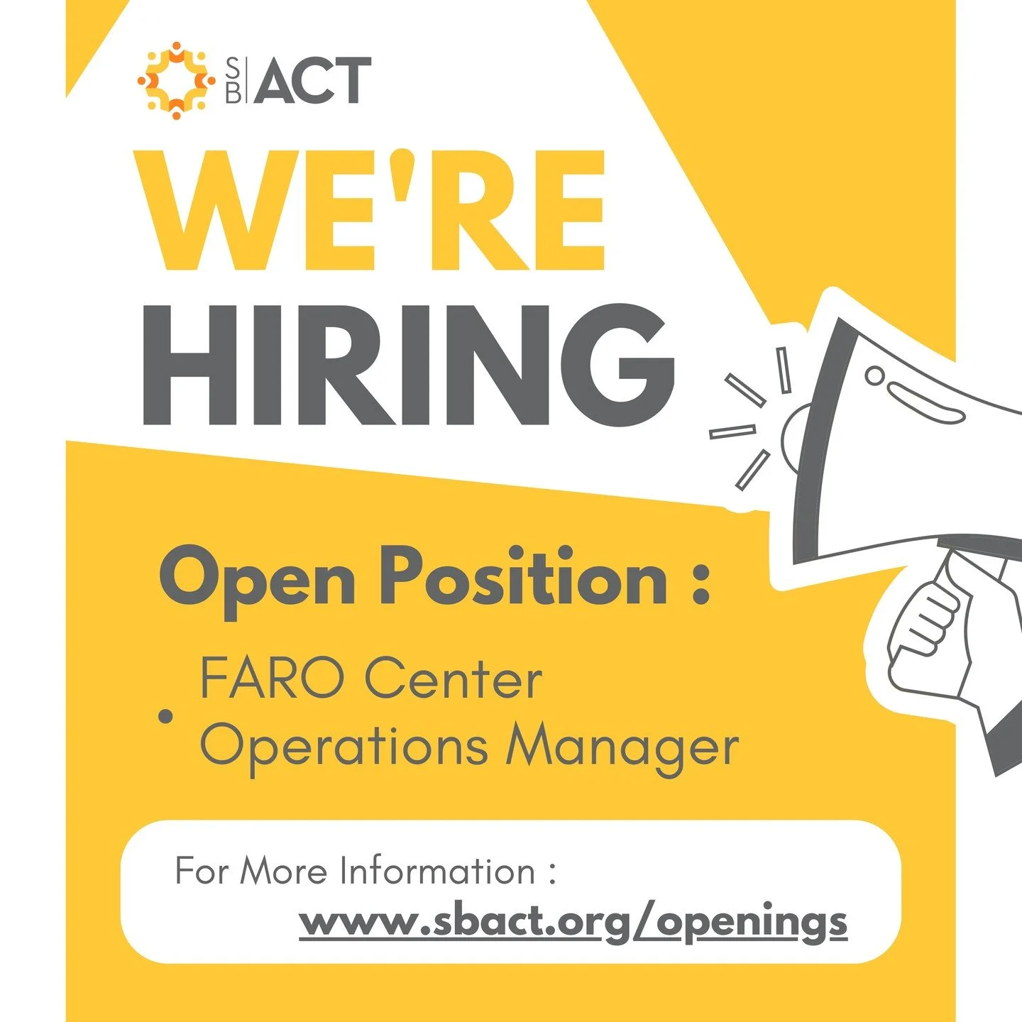 👉👉👉 SB ACT is hiring! 👈👈👈

SB ACT is seeking a dynamic, personable, and organized team player to serve as the FARO Center Operations Manager.

The FARO Center Operations Manager is the on-site leader responsible for the daily management, safety