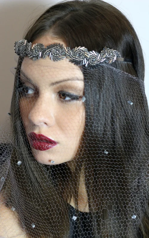 The House of Hats Grey beaded Headpiece and veiling .JPG