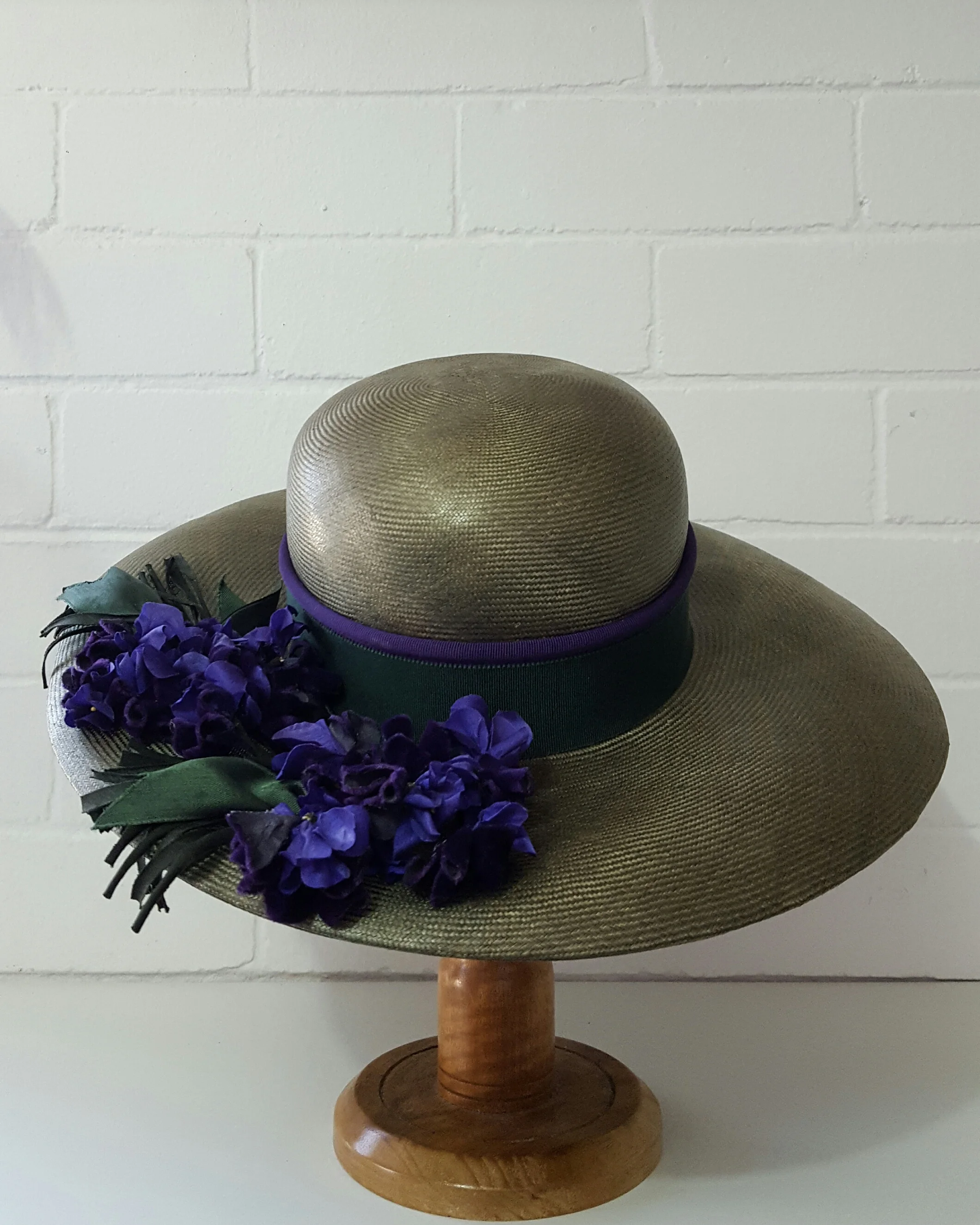 The House of Hats vintage 70s green straw hat with Violets .jpg