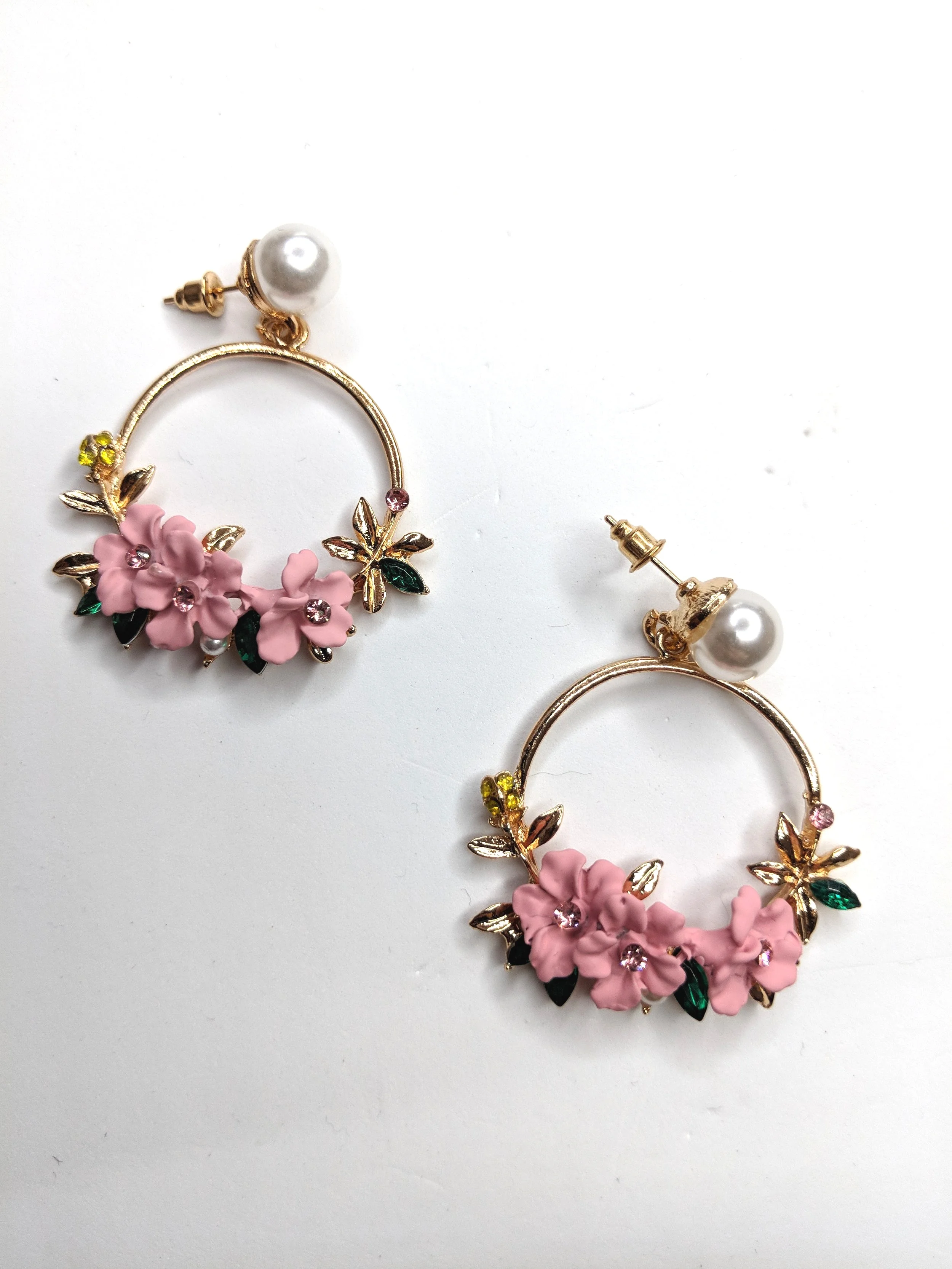 gold pink summer flower earrings