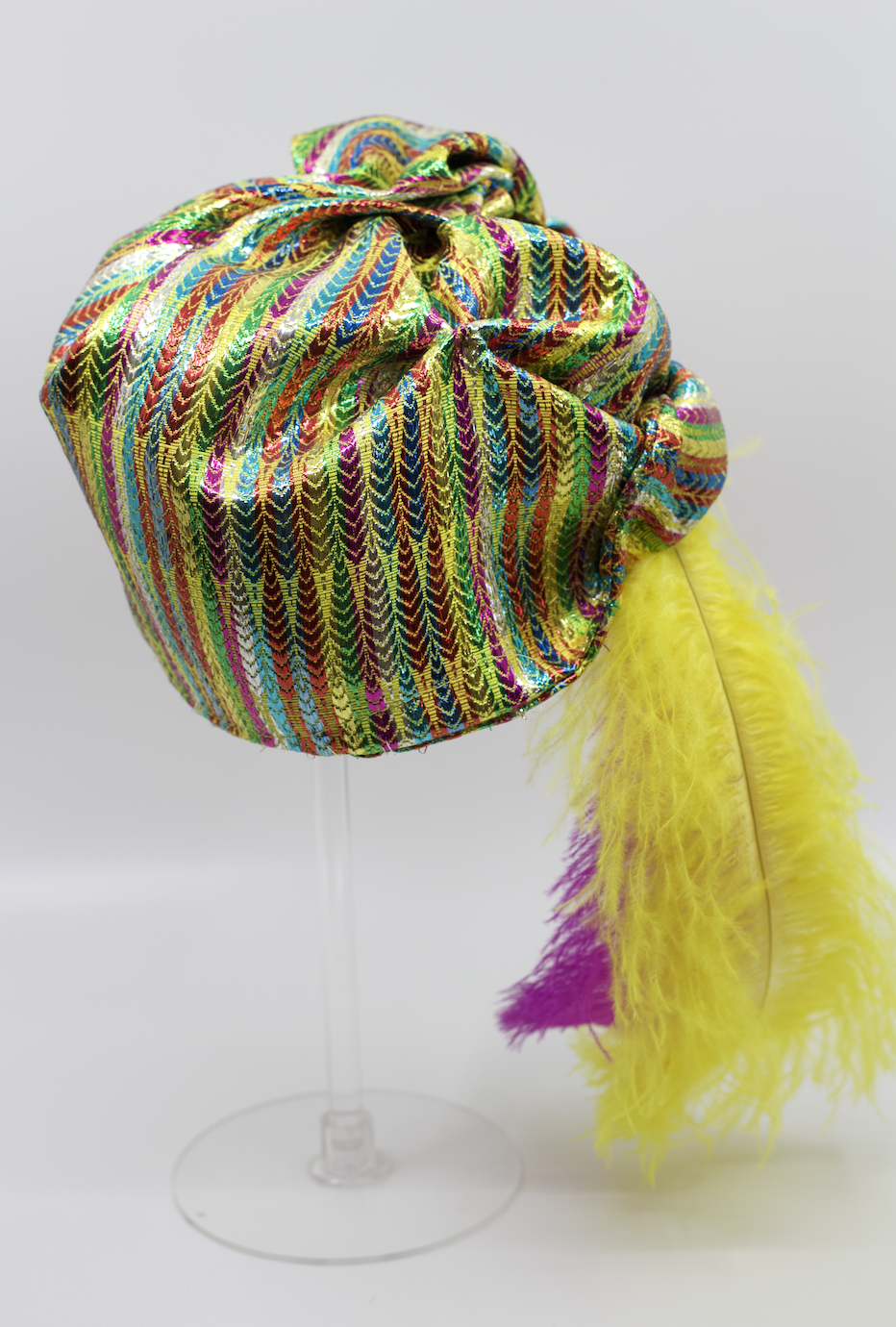 The House Of Hats Ziggy Yellow feather metallic turban Vintage hats Sydney Milliner .png