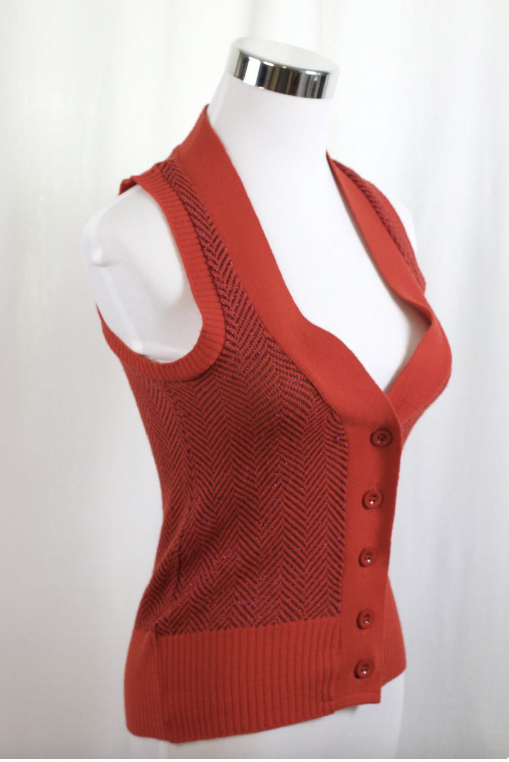 Vintage 1970s Original BIBA Rare Red Metallic Glitter Vintage Designer Knitted Boho Vest size S