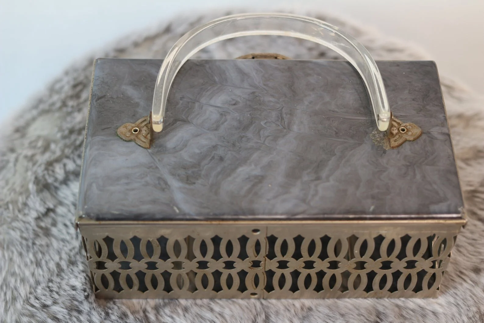 Vintage 1950s Grey Lucite Lattice Metal Box Purse Mid Century Evening box bag Square Metal Bag