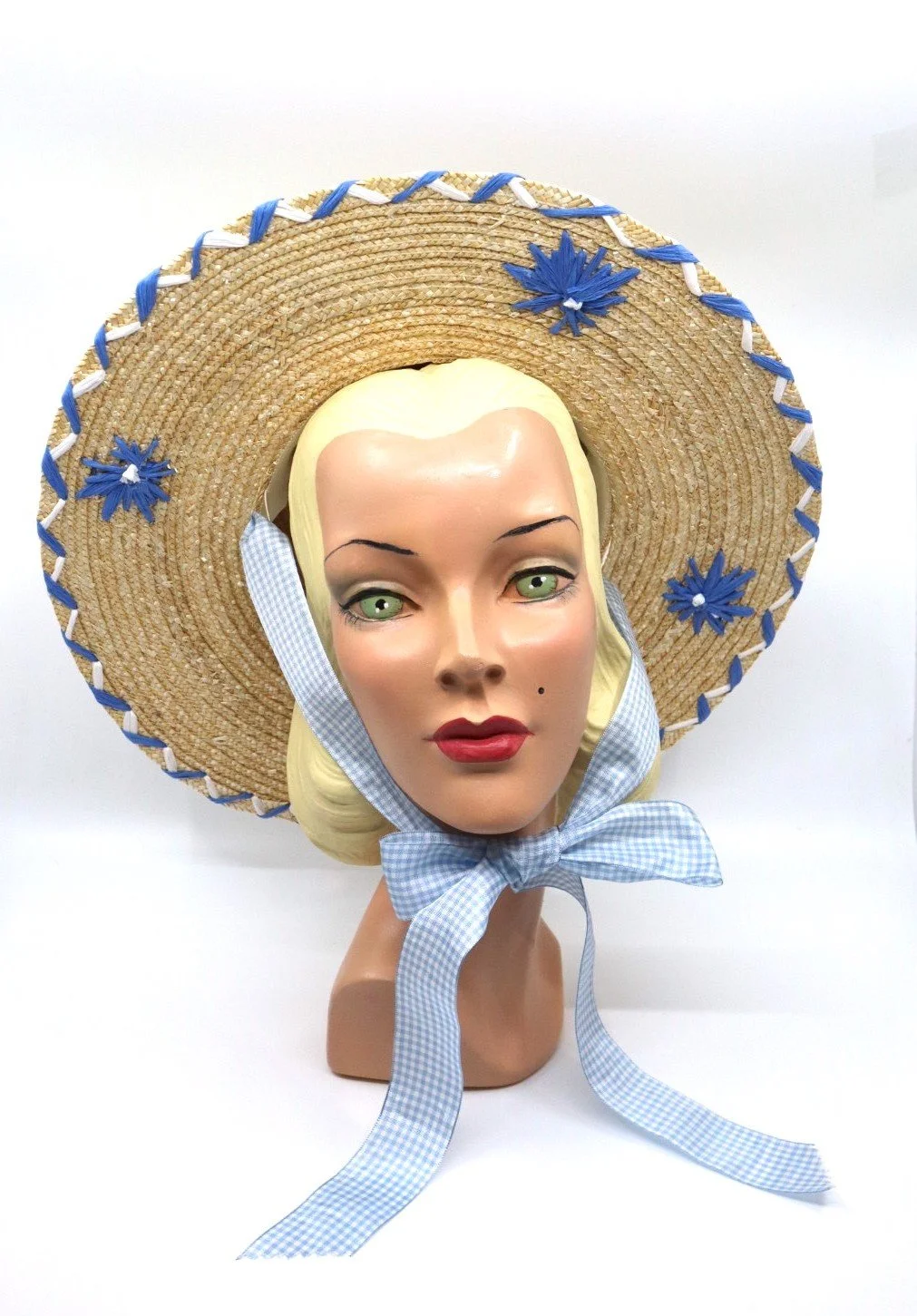 BARDOT  Boat Hat - Natural Straw 1950's Western Style Blue Raffia Embroidered  Chin Tie Hat
