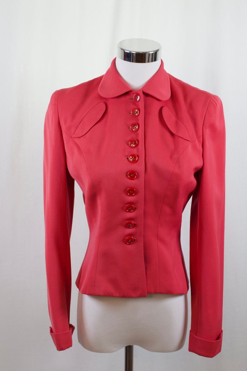 Vintage 1940s ' Fredrick & Nelson' Wool Gabardine Coral Tailored Blazer 40s Fitted Jacket Pinup Style size S/Xs