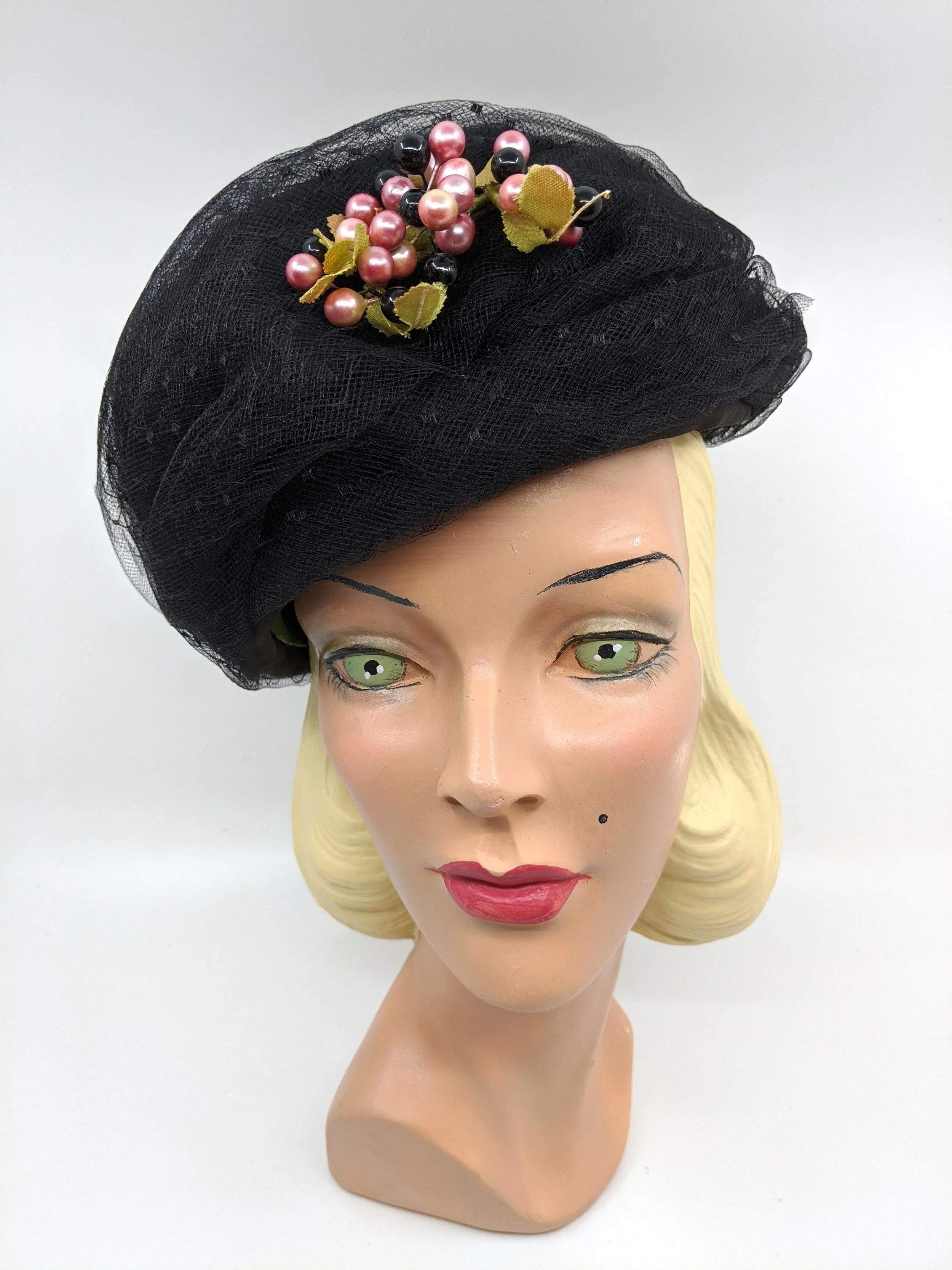 Vintage 1950s 1960s ' ISABELLE ' Black Tulle Net pill box flower hat Easter