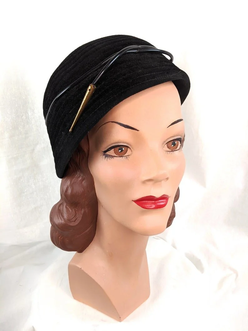 Vintage 1950s Black velour Fur Felt Bucket Hat plastic Brass Trim 50s winter hat Pill Box hat