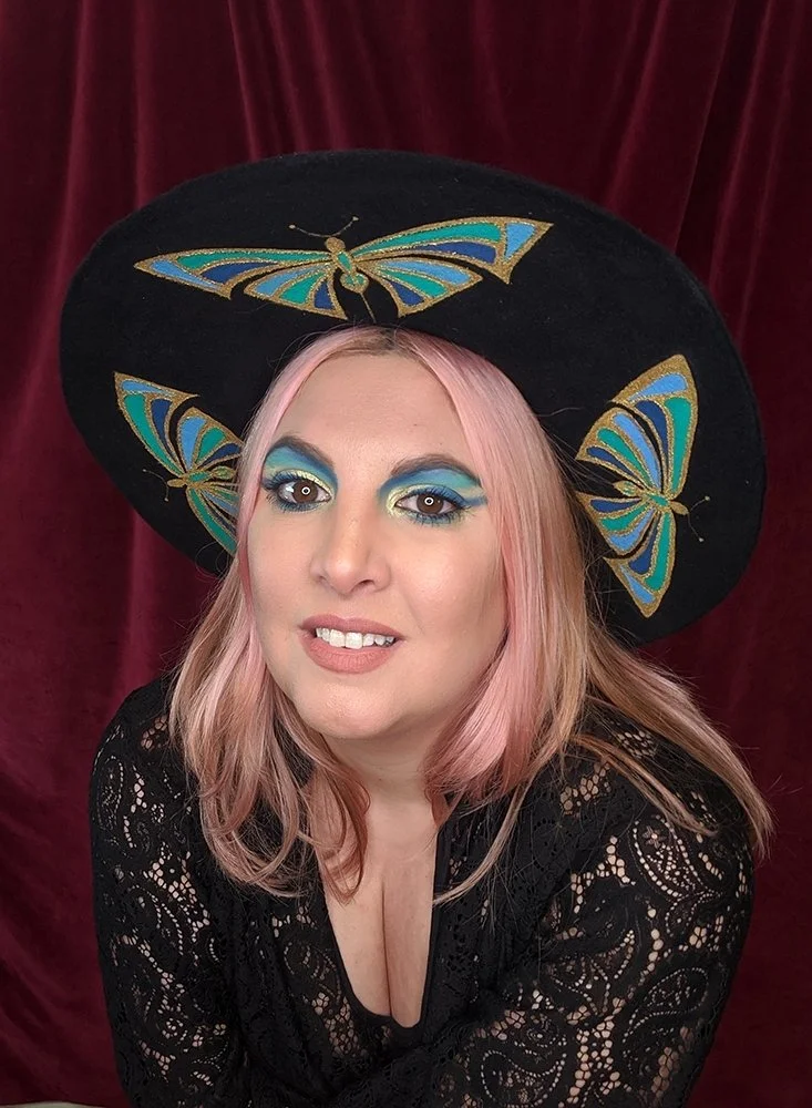 DRAGONFLY DECO Black Fur Felt Hand painted Wide Brim Hat - Made To Order