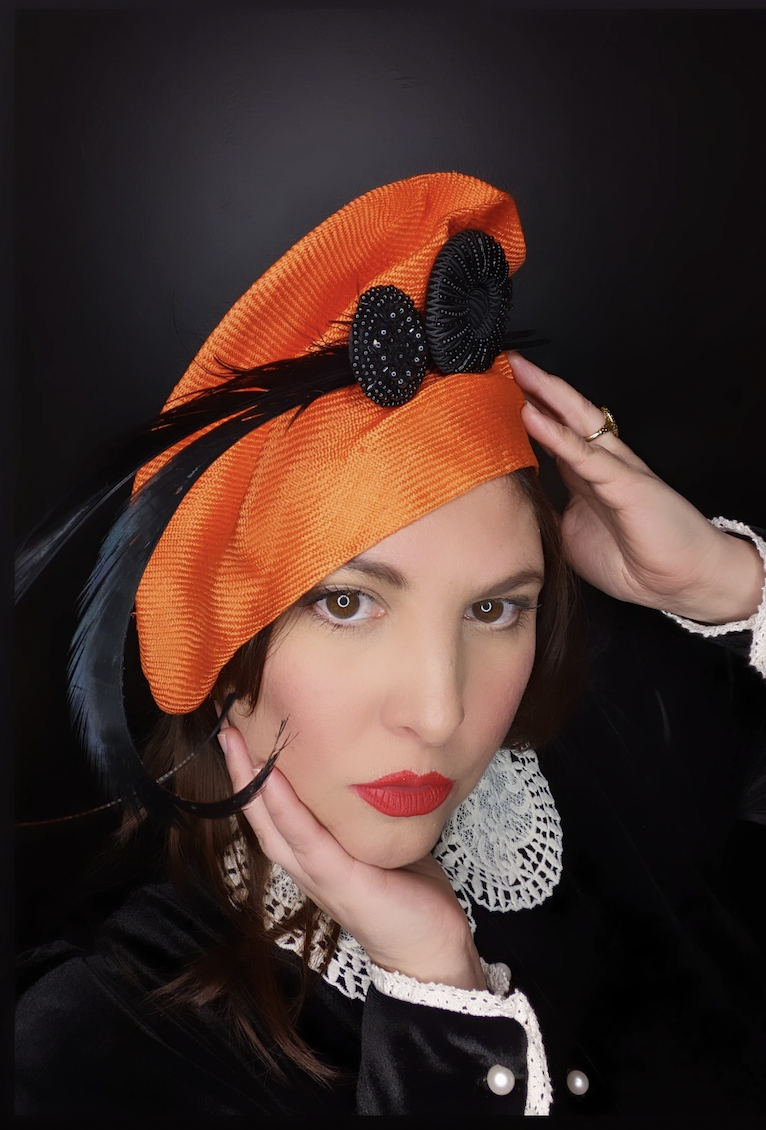 MADAME-  1940s Style Orange Straw Tilt Hat
