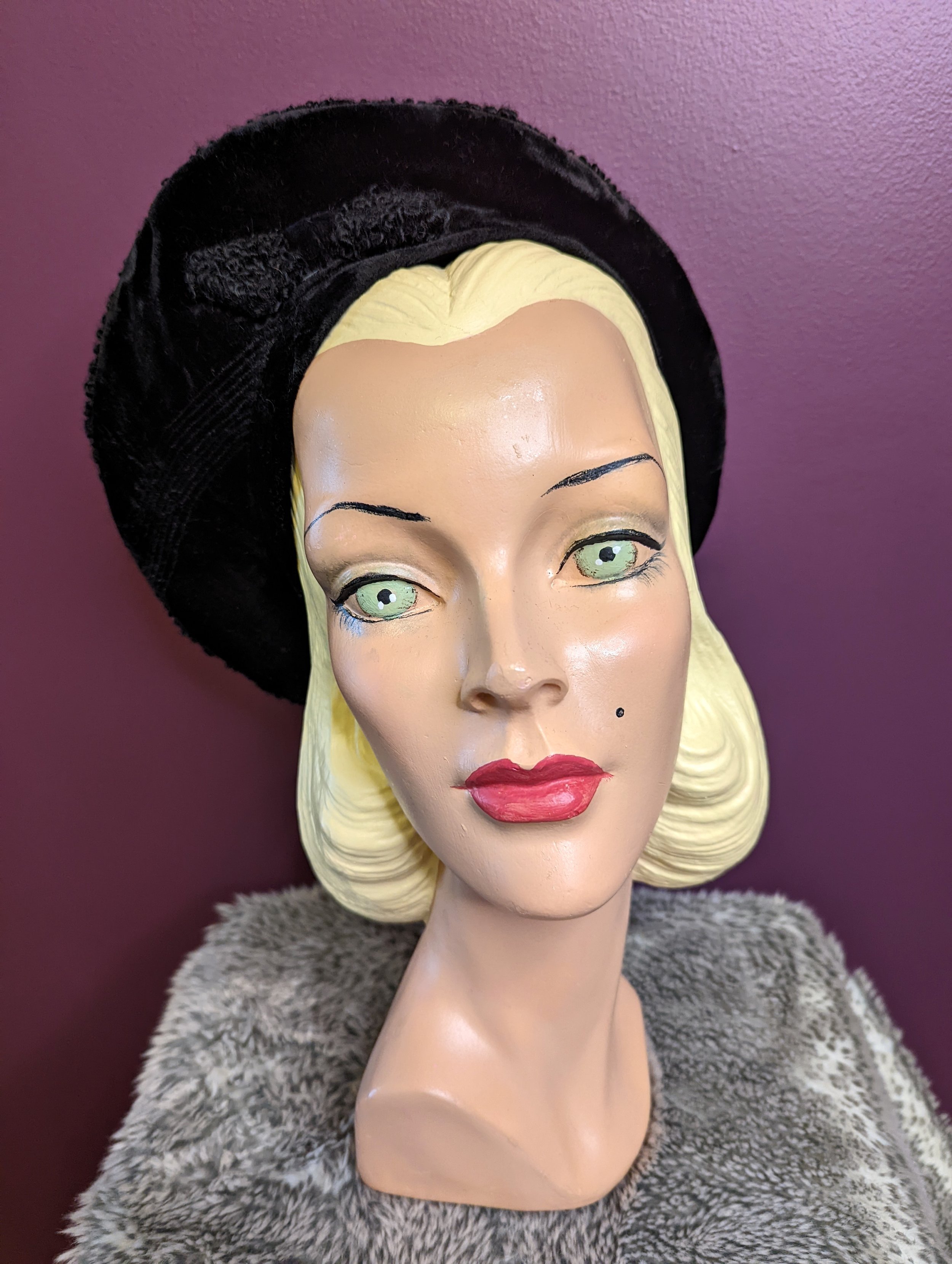 Vintage Art Deco 1940s Black Velvet & Boucle Beret