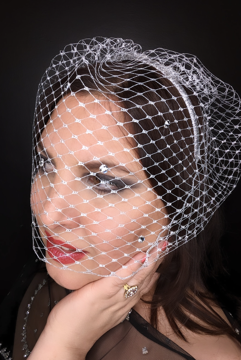 Silver Metallic Veil Rhinestone Headpiece Millinery Sydney