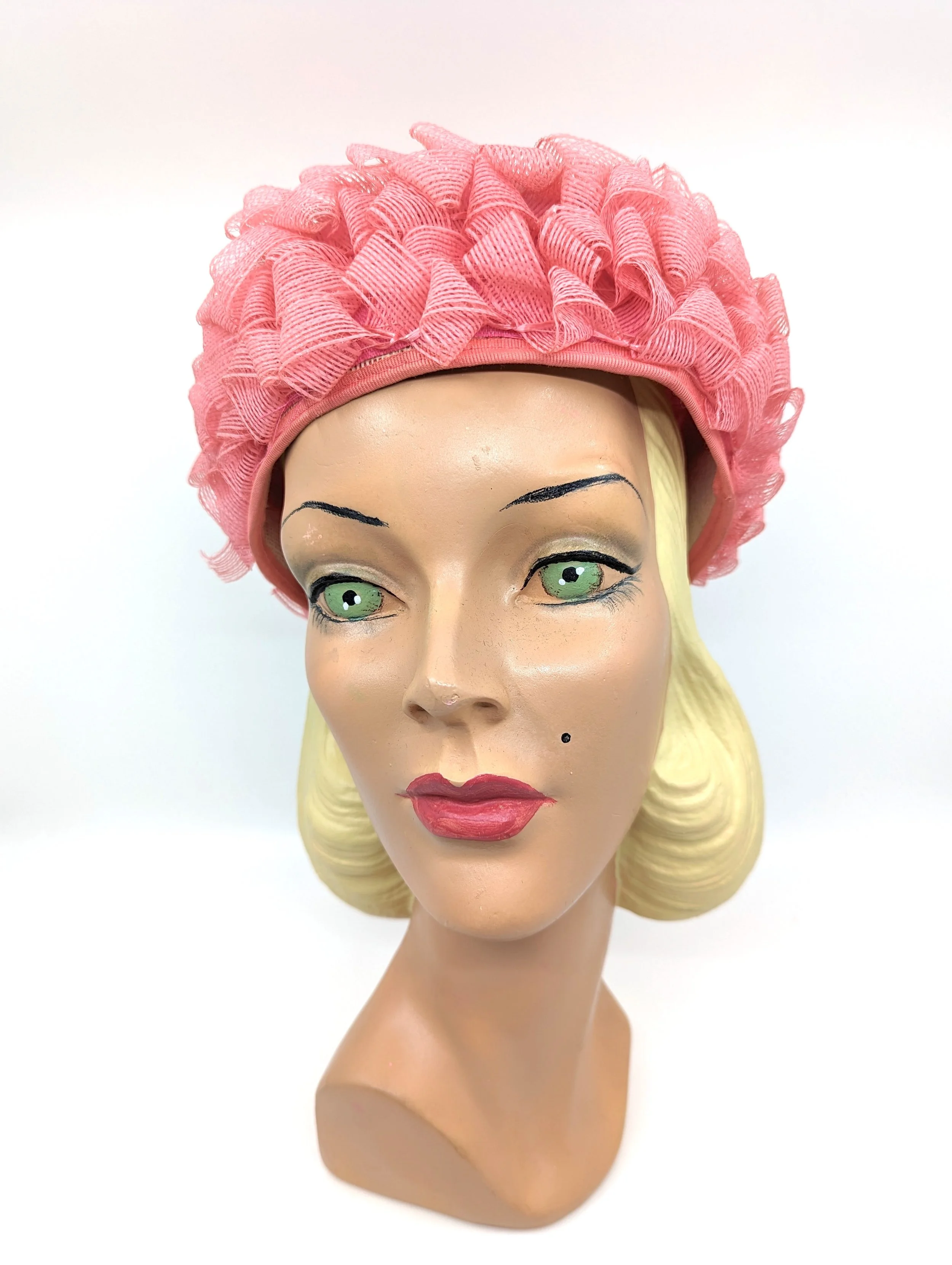 Vintage 1960s Pink Crinoline Ruffle Pill Box Hat