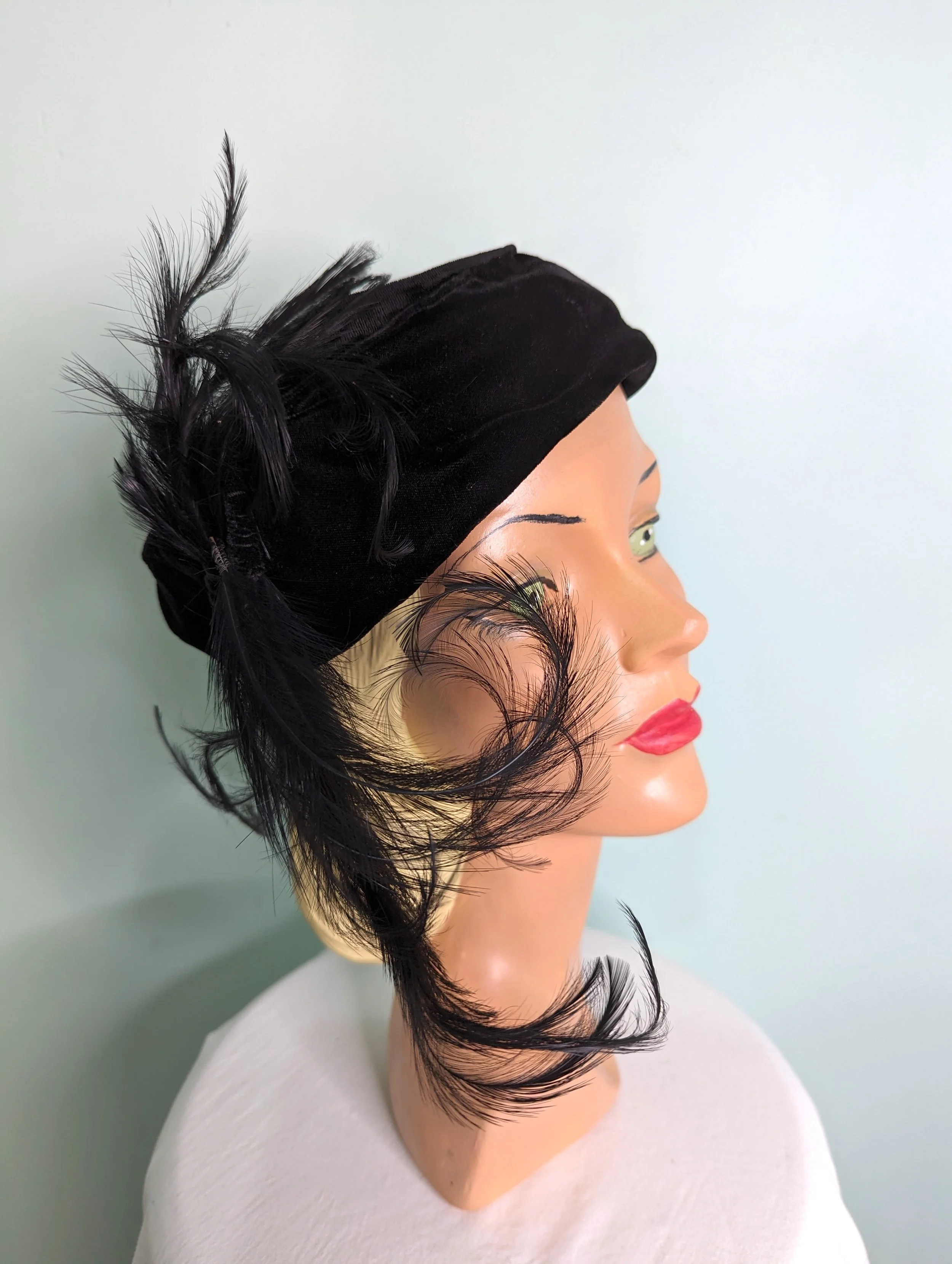 Vintage  1940s black Velvet Feathered Hat Art Deco Cocktail Hat by  ' S. L BIRD & SONS '